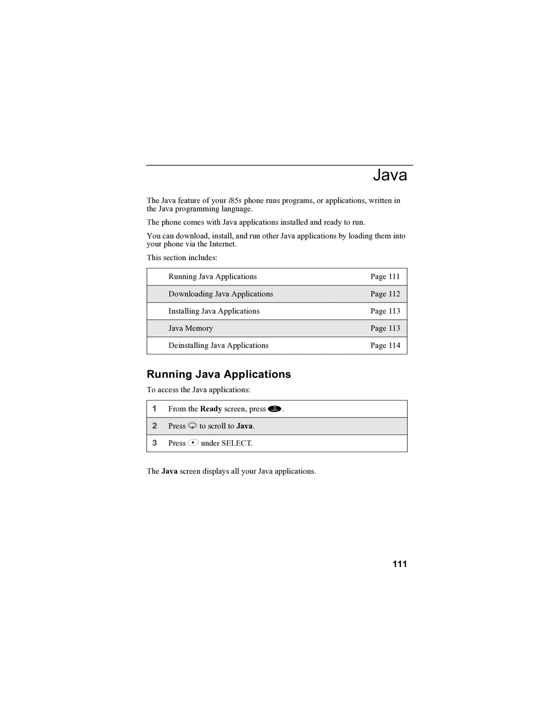 Motorola i85s manual Running Java Applications, 111 