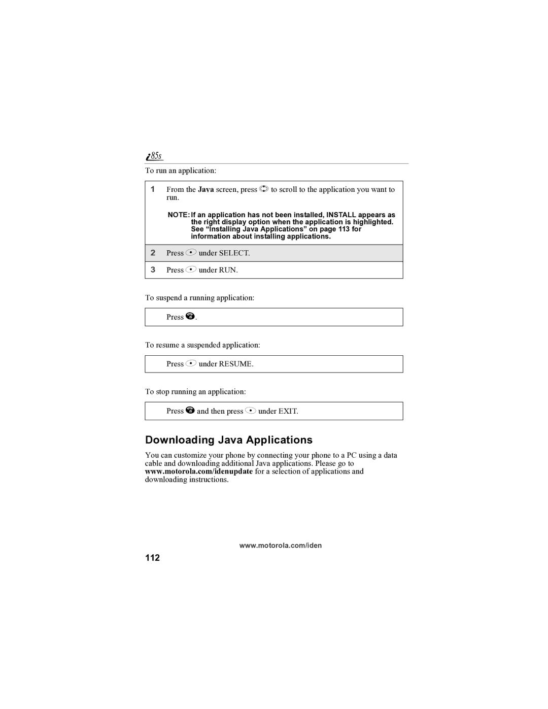 Motorola i85s manual Downloading Java Applications, 112 