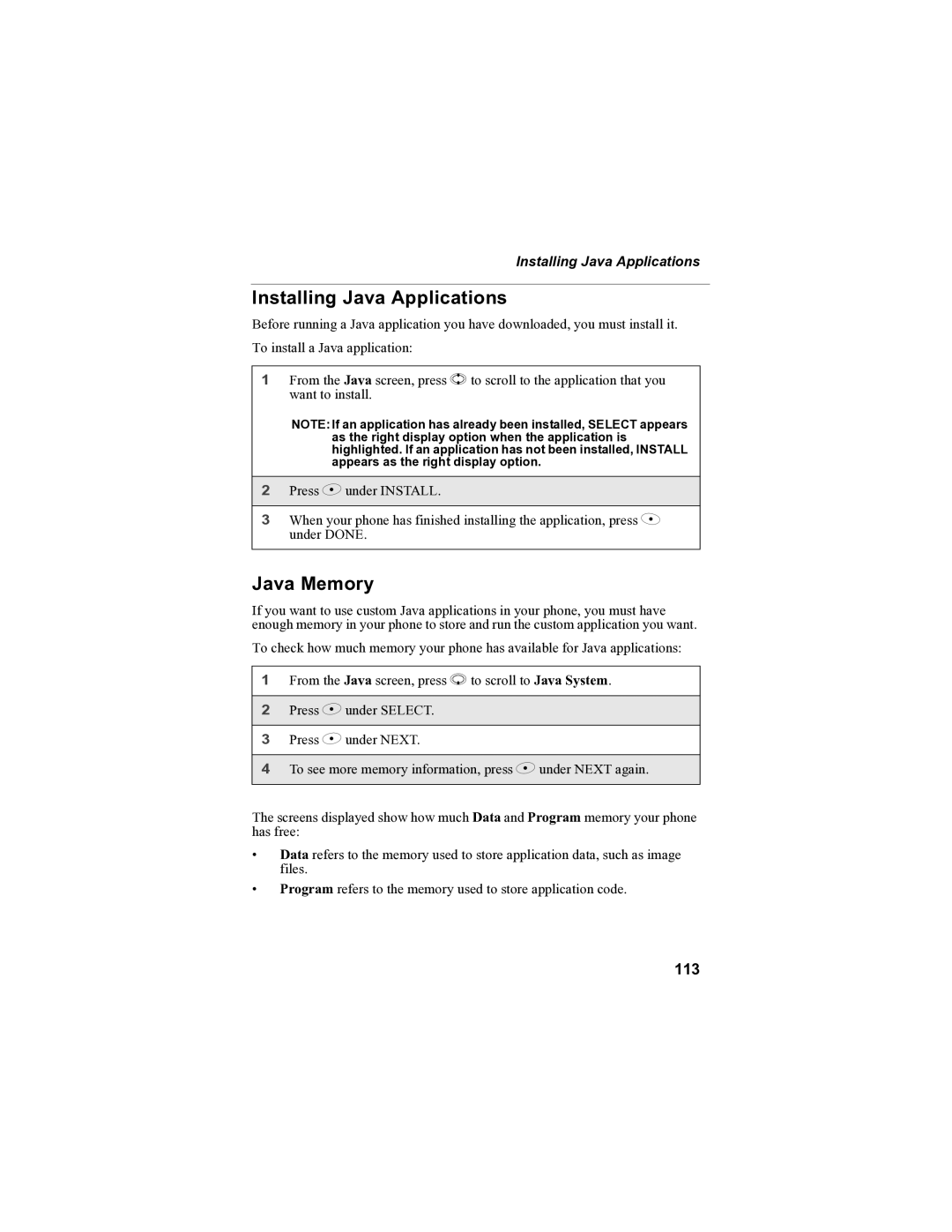 Motorola i85s manual Installing Java Applications, Java Memory, 113 