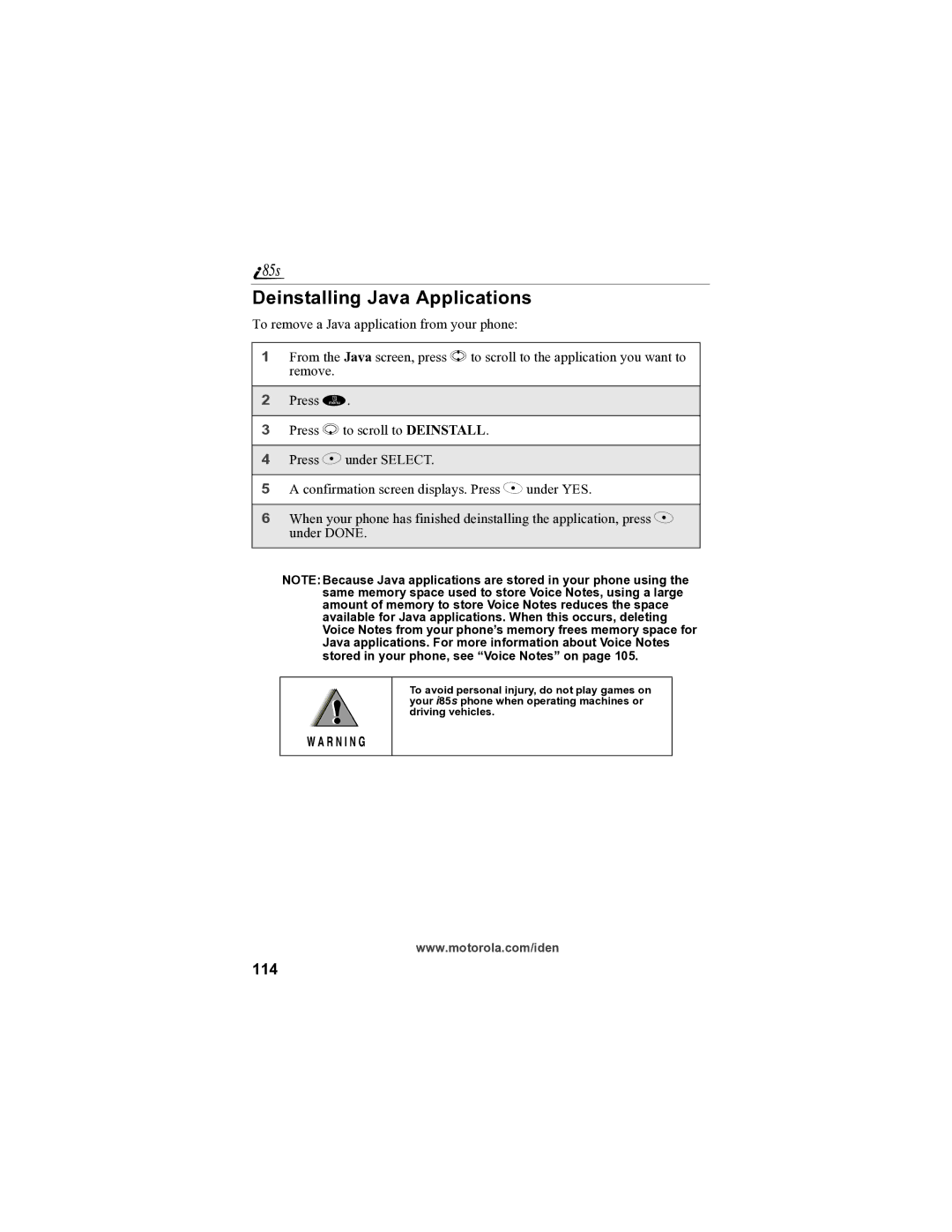 Motorola i85s manual Deinstalling Java Applications, 114 