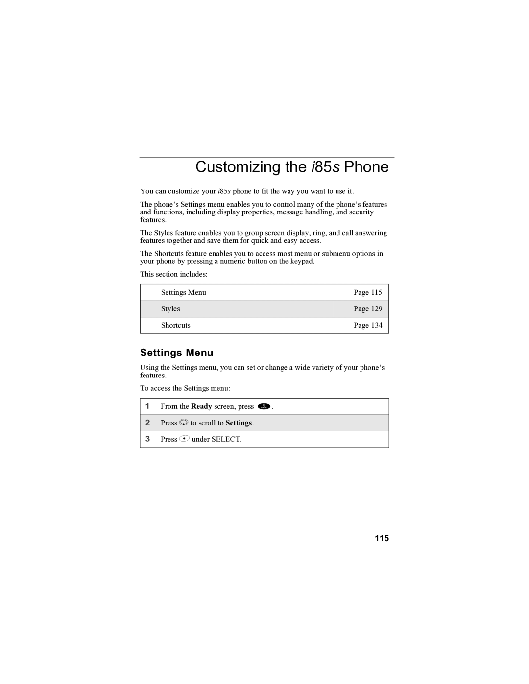 Motorola manual Customizing the i85s Phone, Settings Menu, 115 