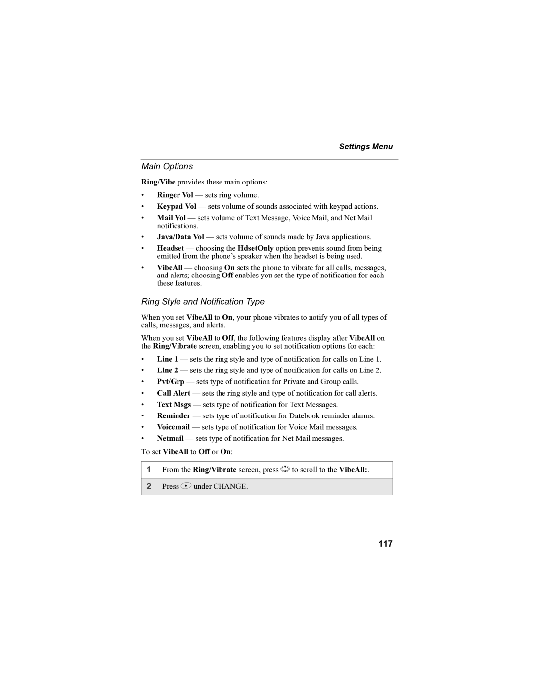 Motorola i85s manual Main Options, Ring Style and Notification Type, 117, Settings Menu 