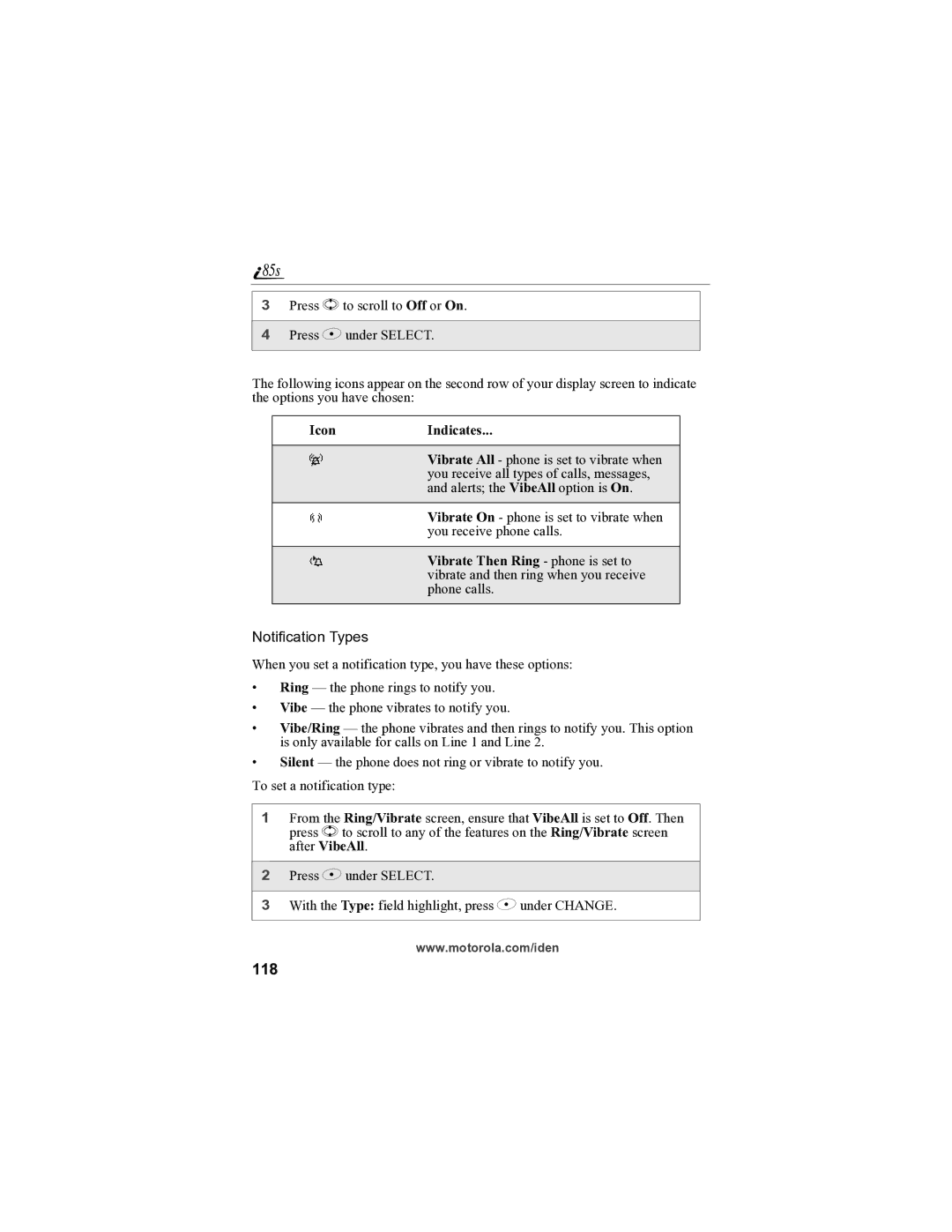 Motorola i85s manual 118, IconIndicates 