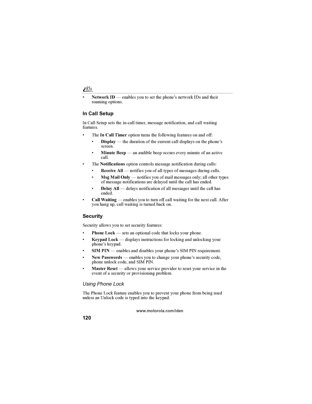 Motorola i85s manual Call Setup, Security, Using Phone Lock, 120 