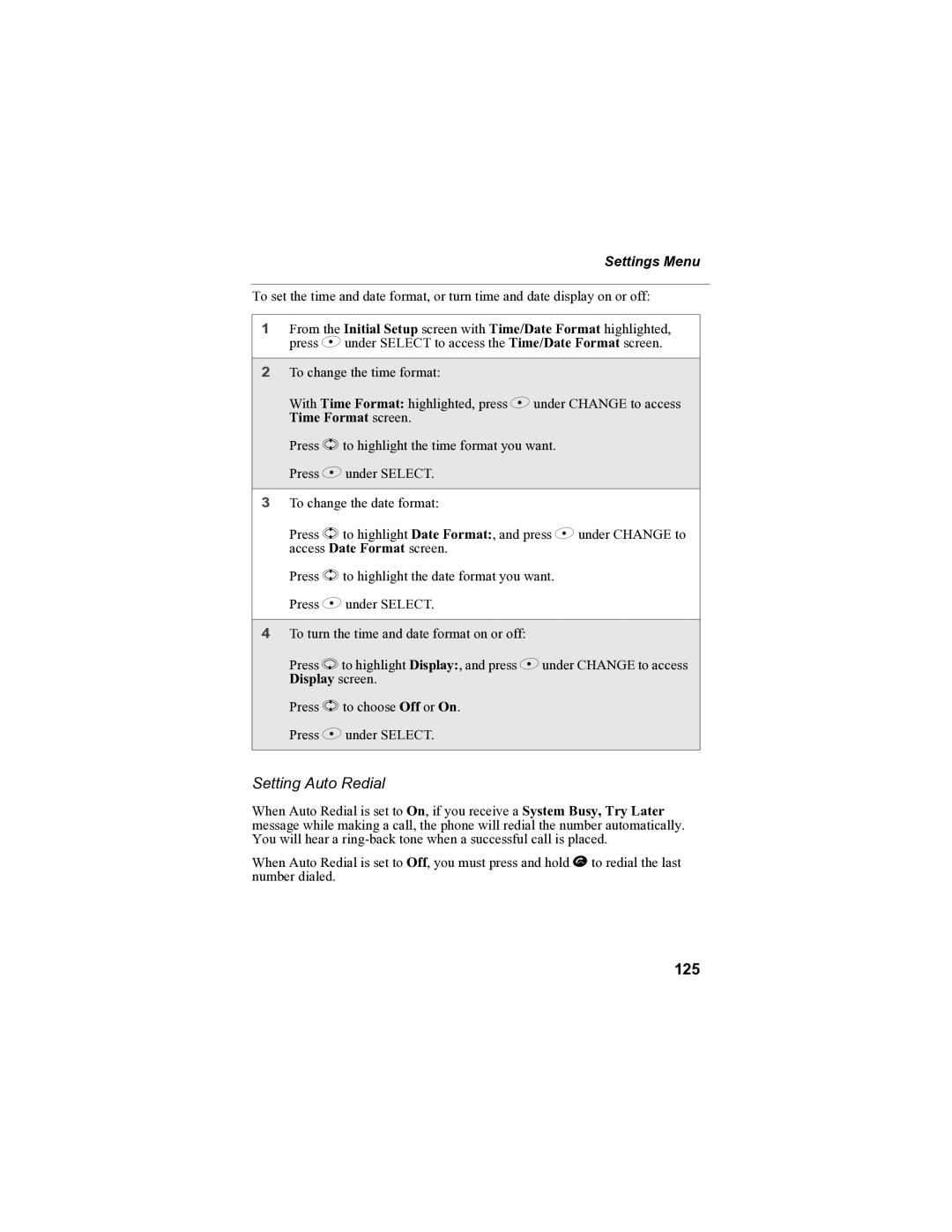 Motorola i85s manual Setting Auto Redial, 125 