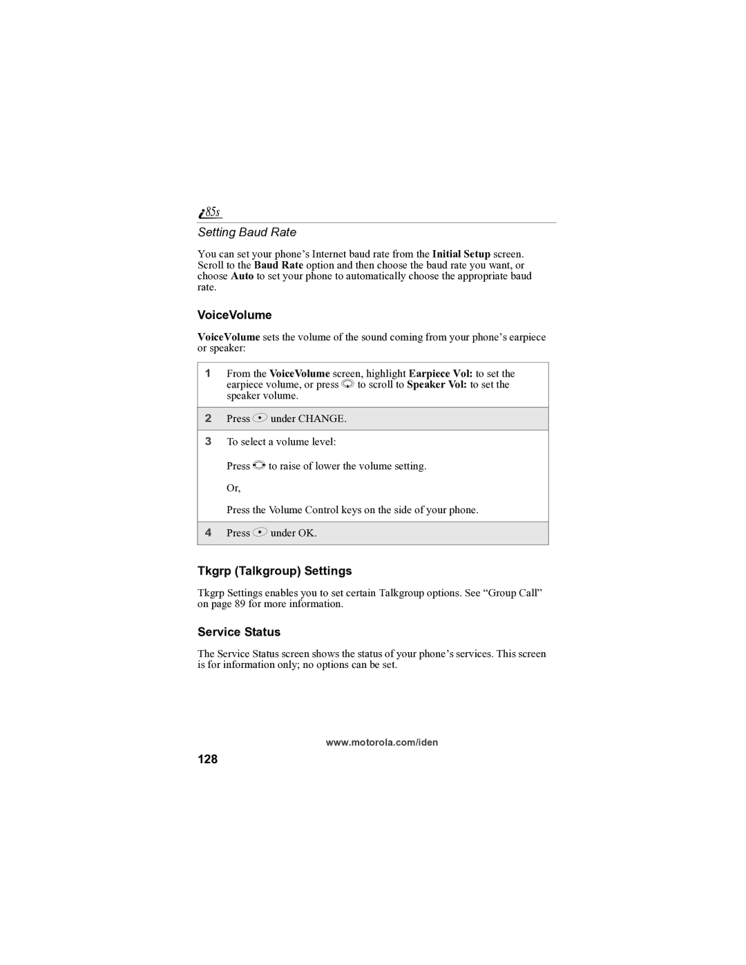 Motorola i85s manual Setting Baud Rate, VoiceVolume, Tkgrp Talkgroup Settings, Service Status, 128 