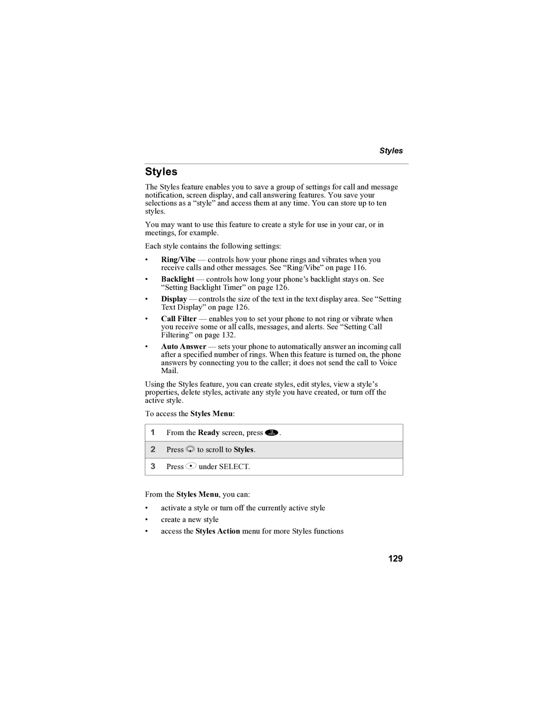 Motorola i85s manual Styles, 129 