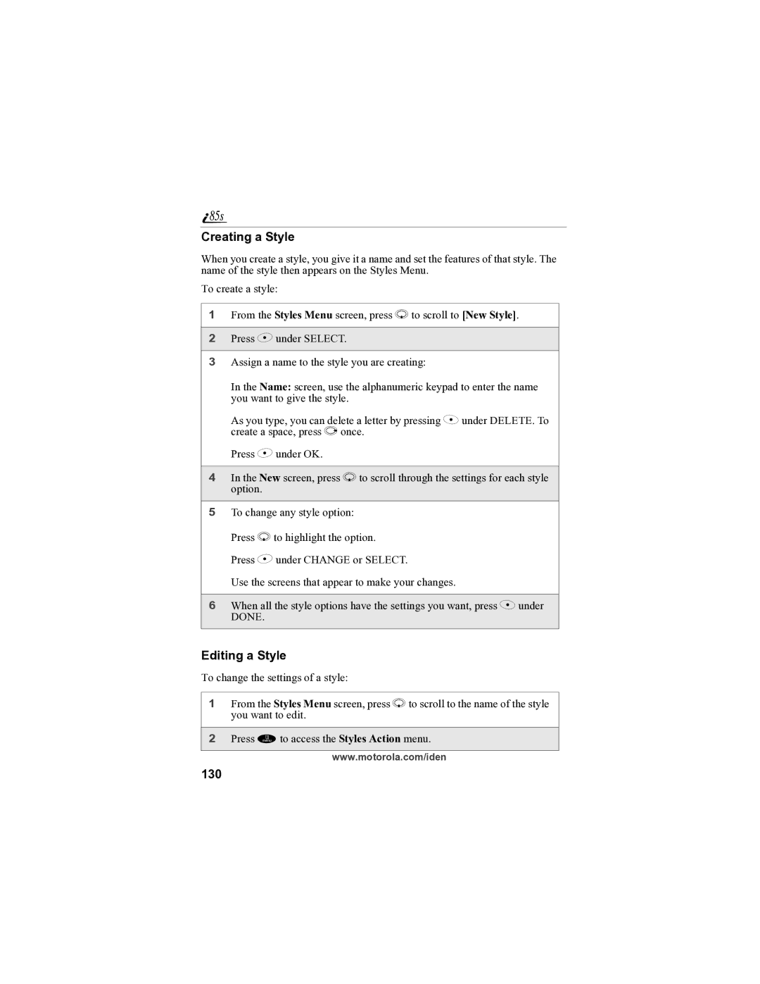 Motorola i85s manual Creating a Style, Editing a Style, 130 