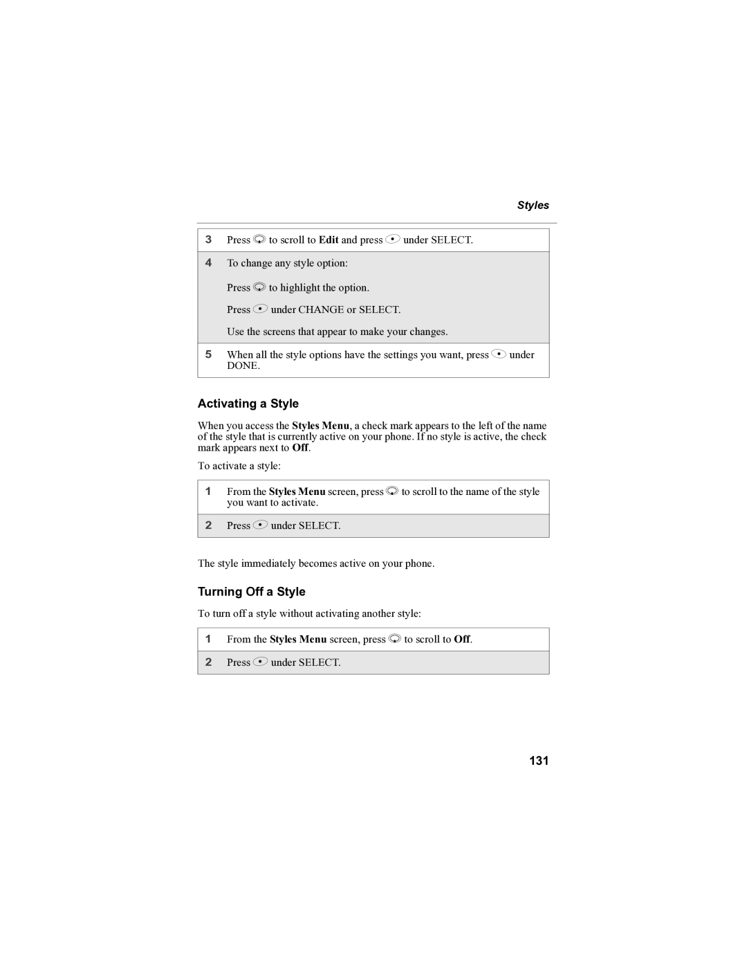 Motorola i85s manual Activating a Style, Turning Off a Style, 131 