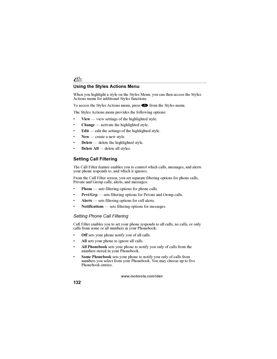 Motorola i85s manual Using the Styles Actions Menu, Setting Call Filtering, Setting Phone Call Filtering, 132 
