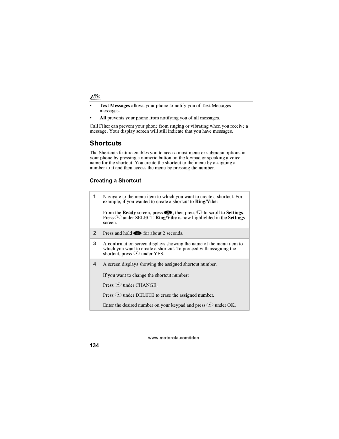 Motorola i85s manual Shortcuts, Creating a Shortcut, 134 