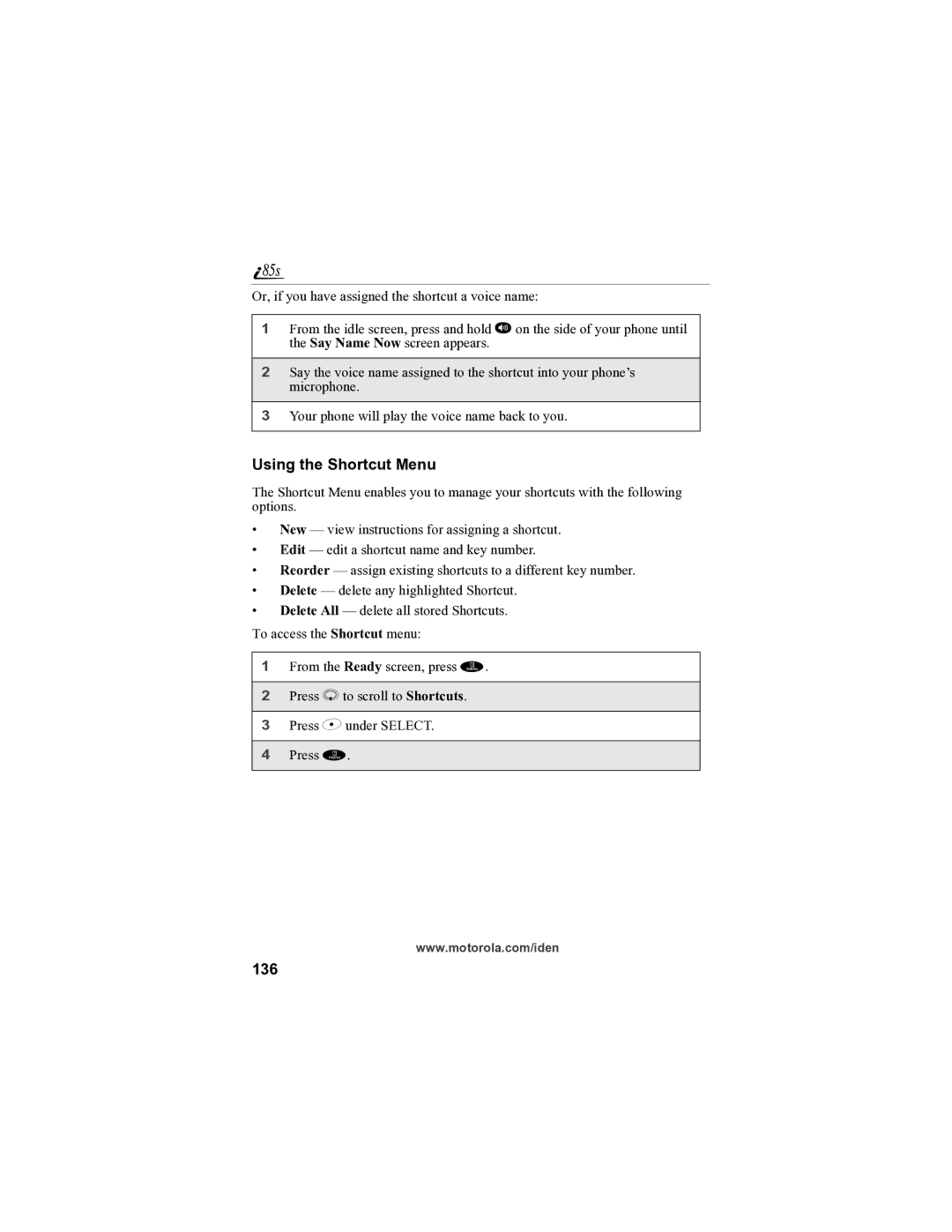 Motorola i85s manual Using the Shortcut Menu, 136 