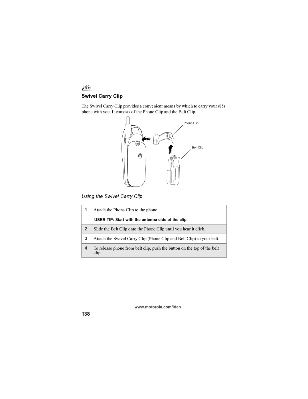 Motorola i85s manual Using the Swivel Carry Clip, 138 