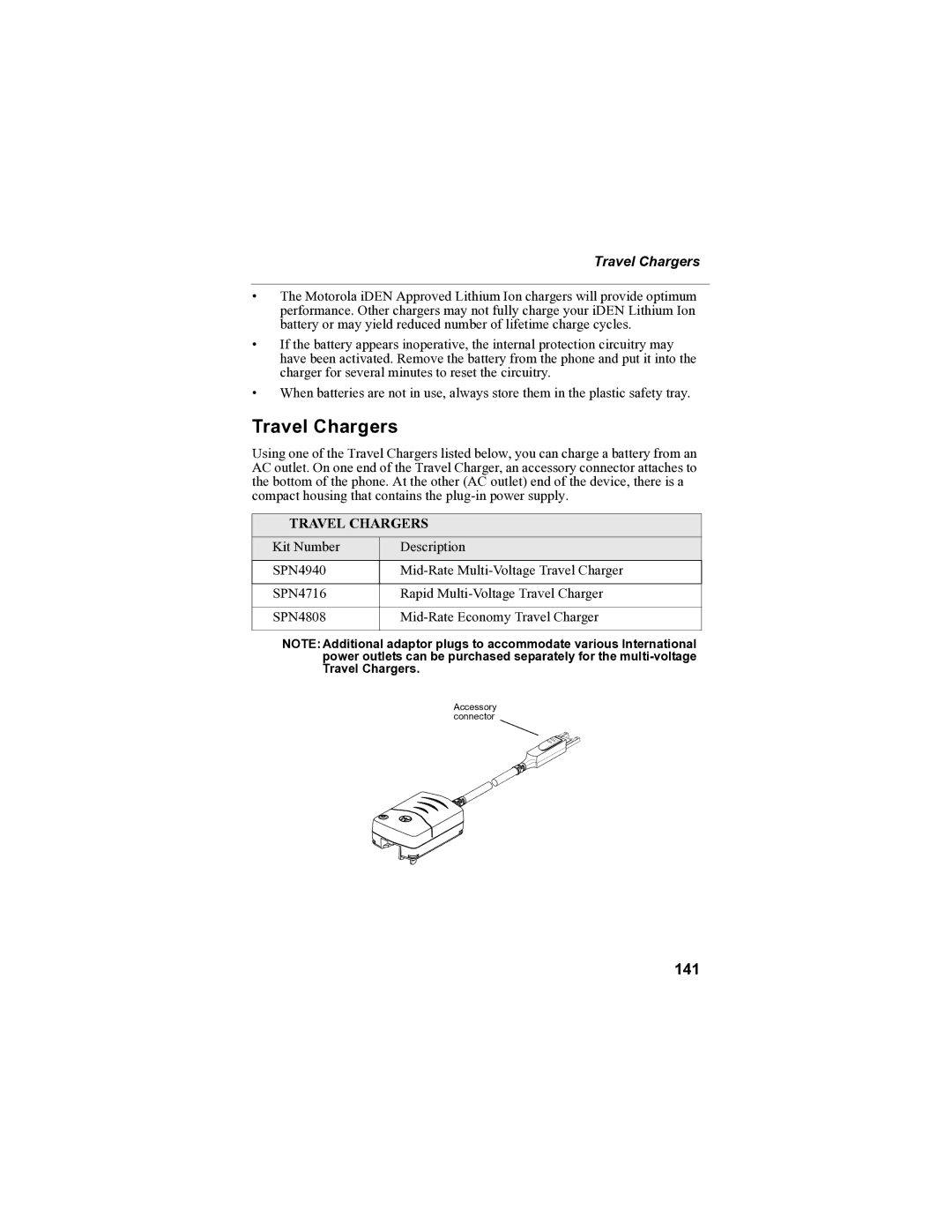 Motorola i85s manual Travel Chargers, 141 