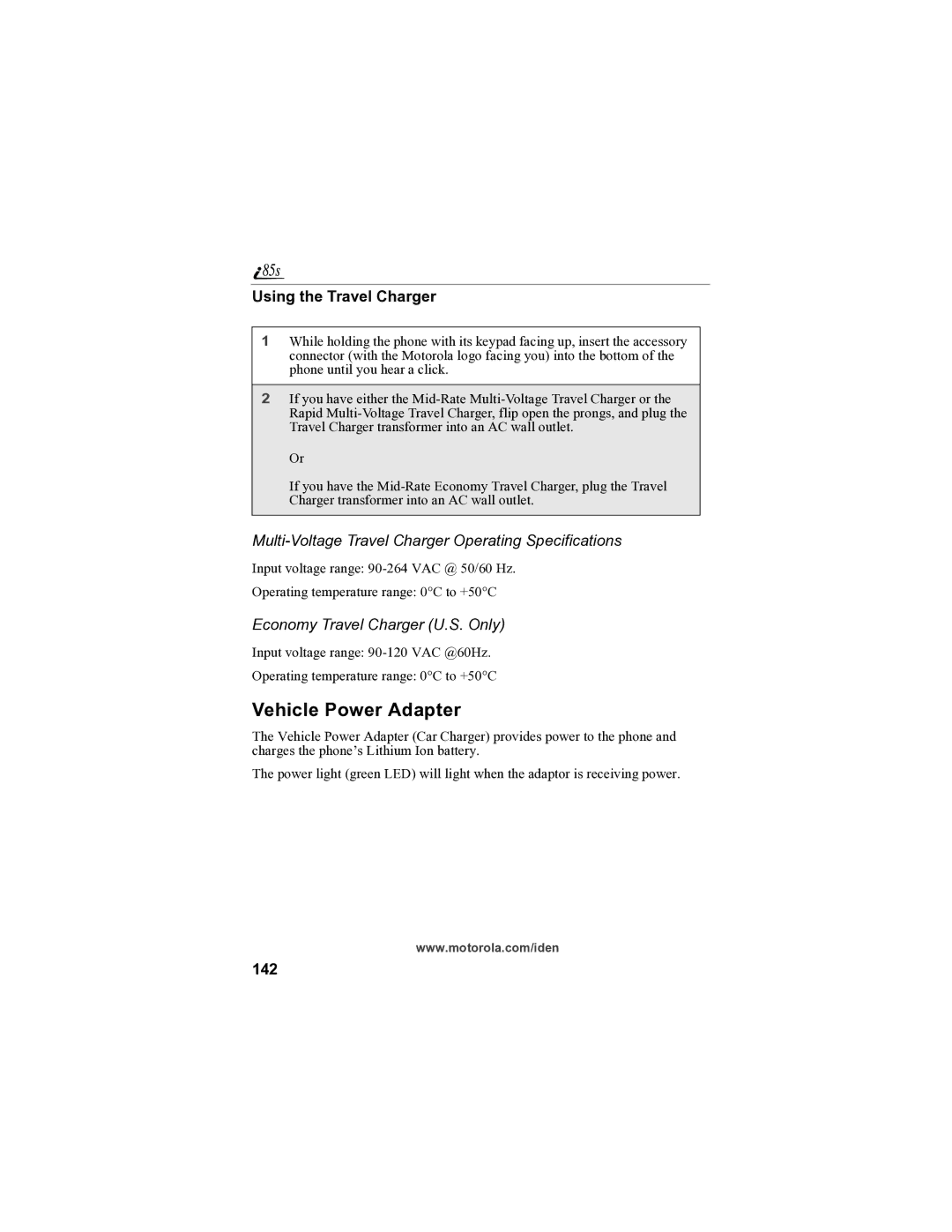 Motorola i85s Vehicle Power Adapter, Using the Travel Charger, Multi-Voltage Travel Charger Operating Specifications, 142 