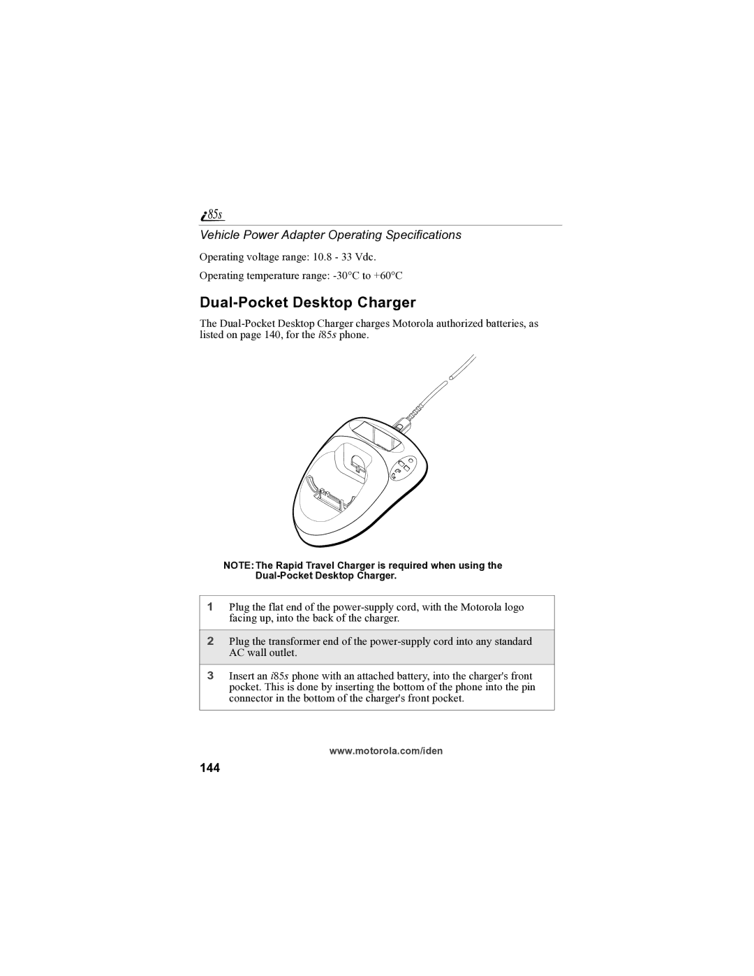 Motorola i85s manual Dual-Pocket Desktop Charger, Vehicle Power Adapter Operating Specifications, 144 