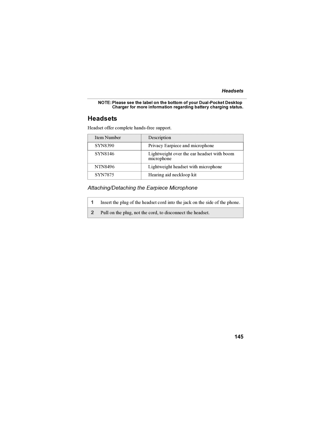 Motorola i85s manual Headsets, Attaching/Detaching the Earpiece Microphone, 145 