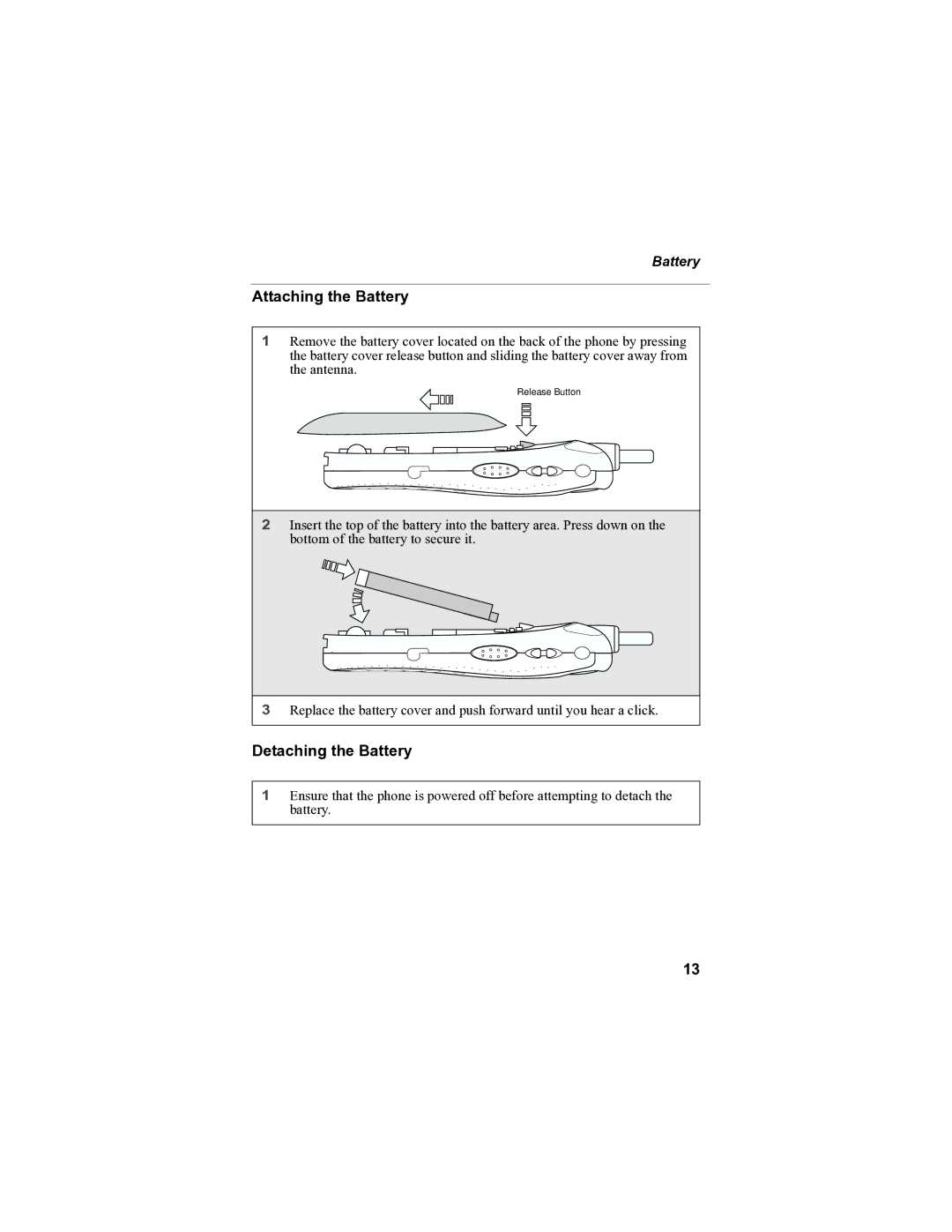 Motorola i85s manual Attaching the Battery, Detaching the Battery 