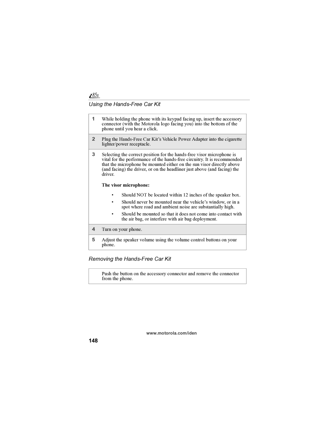 Motorola i85s manual Using the Hands-Free Car Kit, Removing the Hands-Free Car Kit, 148, Visor microphone 