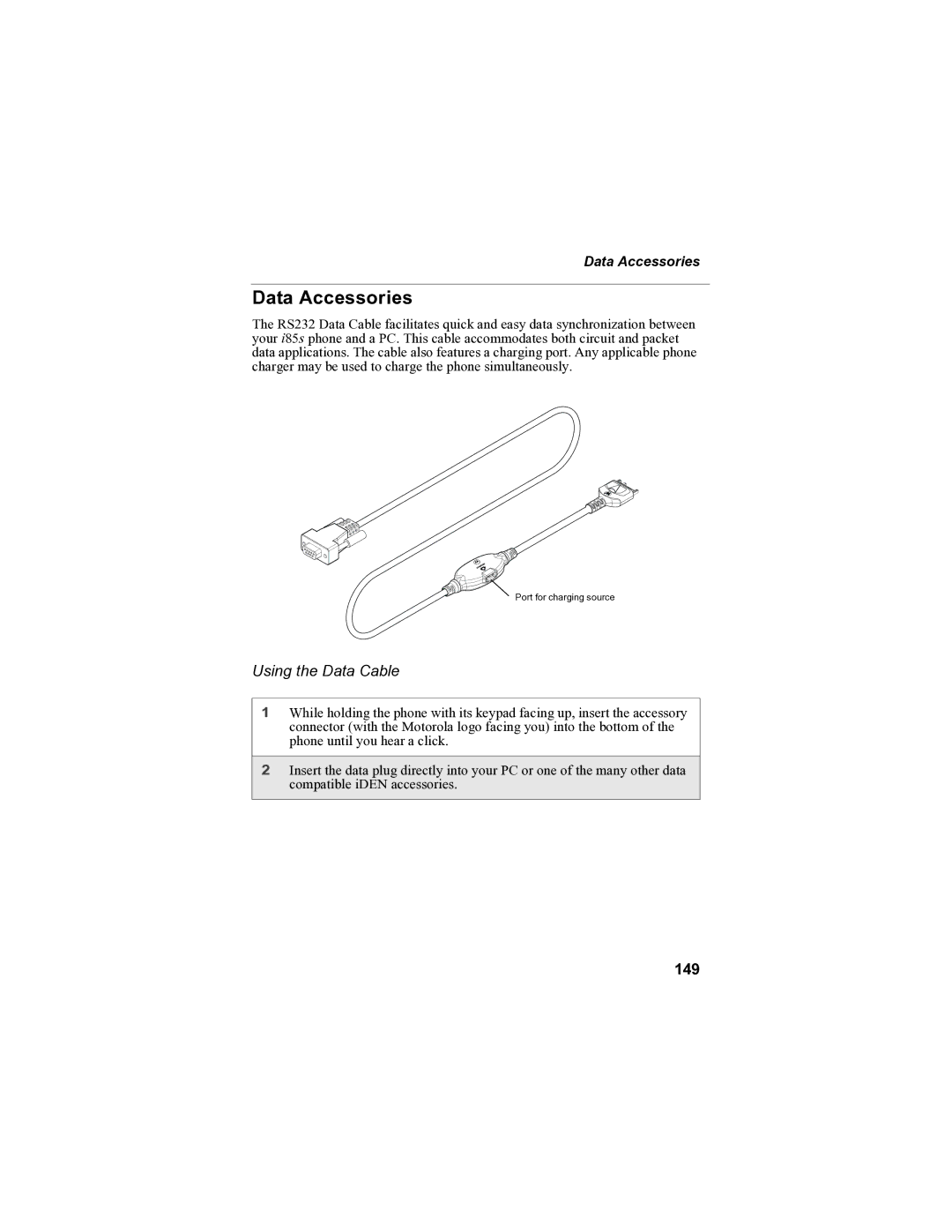 Motorola i85s manual Data Accessories, Using the Data Cable, 149 