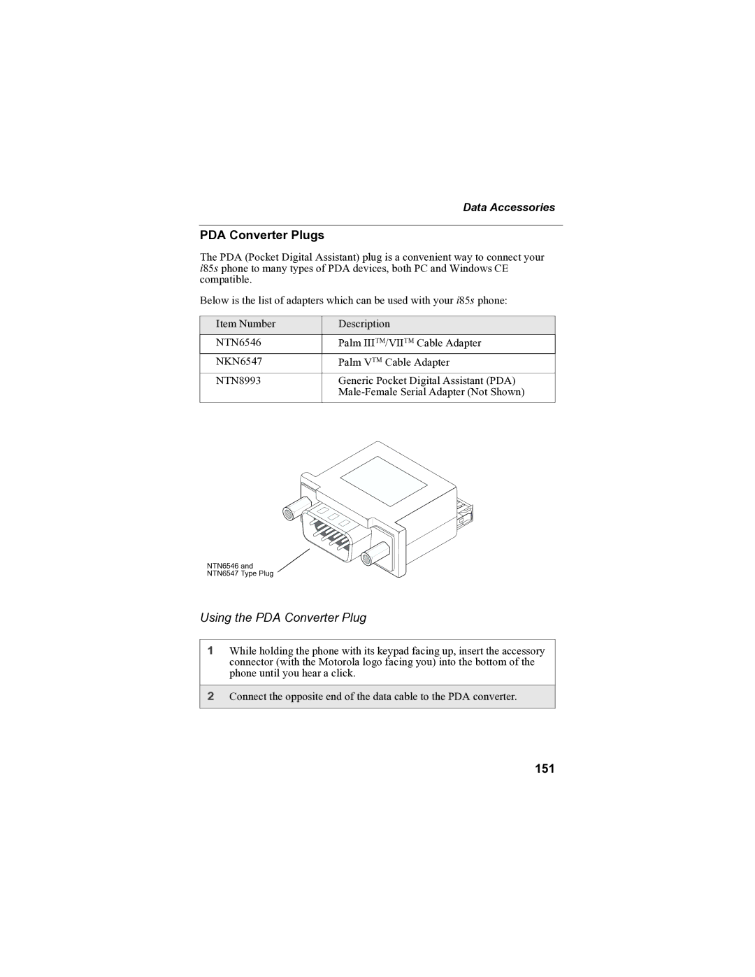 Motorola i85s manual PDA Converter Plugs, Using the PDA Converter Plug, 151 