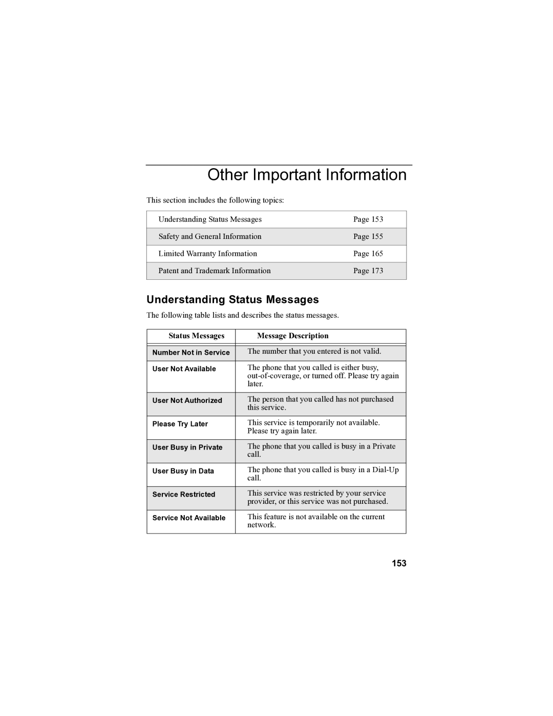 Motorola i85s manual Other Important Information, Understanding Status Messages, 153, Status Messages Message Description 