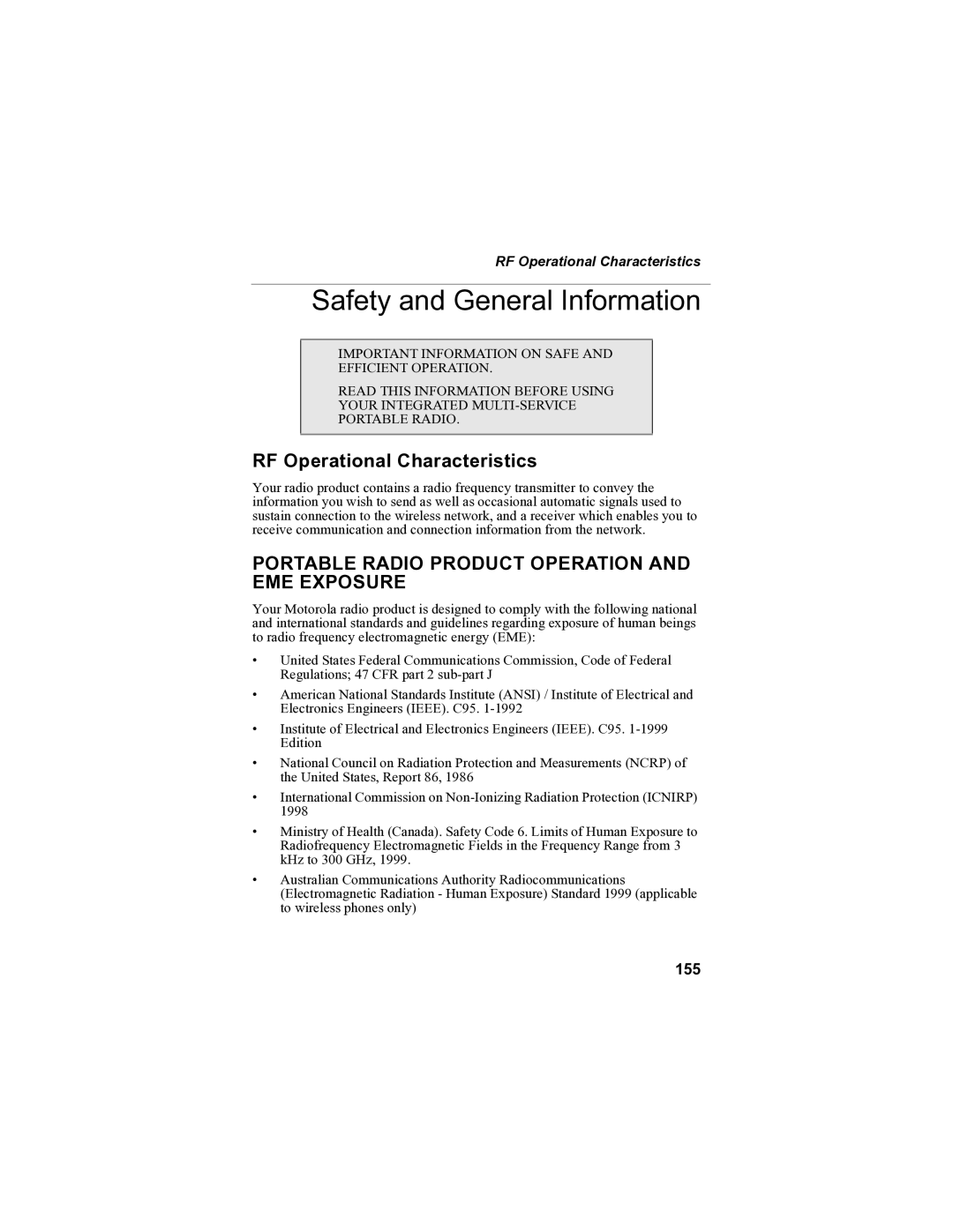 Motorola i85s manual Safety and General Information, RF Operational Characteristics, 155 