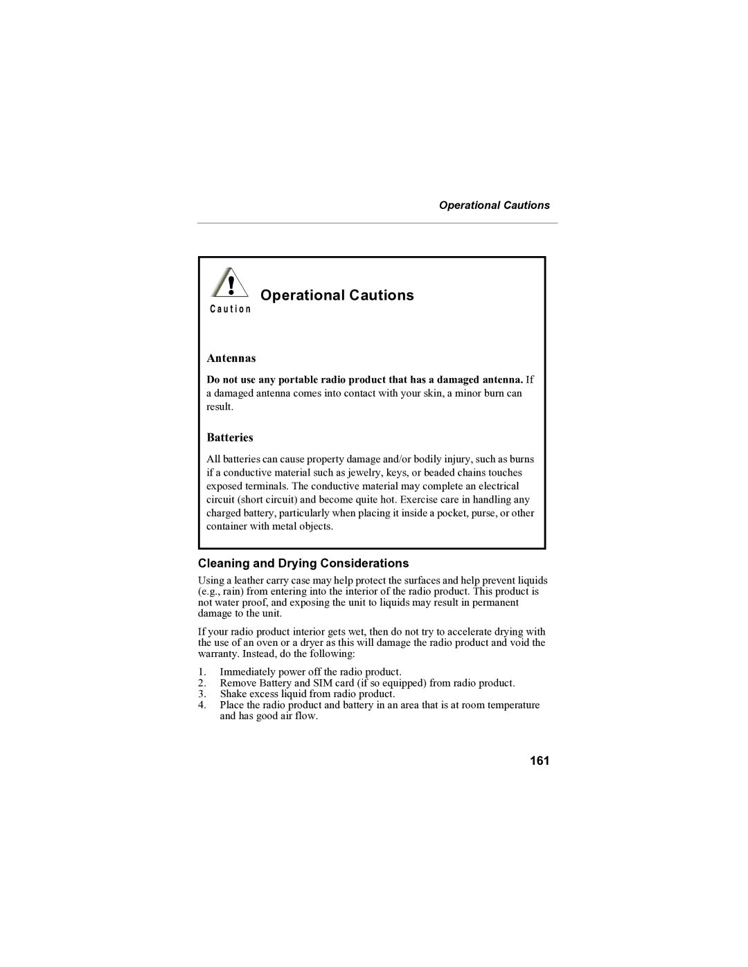 Motorola i85s manual Operational Cautions, Cleaning and Drying Considerations, 161 