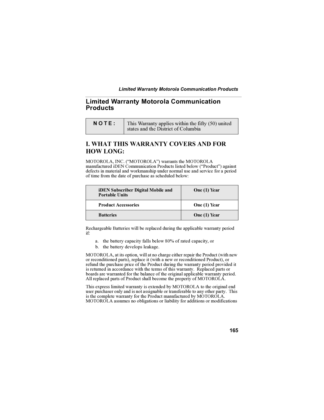 Motorola i85s manual Limited Warranty Motorola Communication Products, T E, 165 