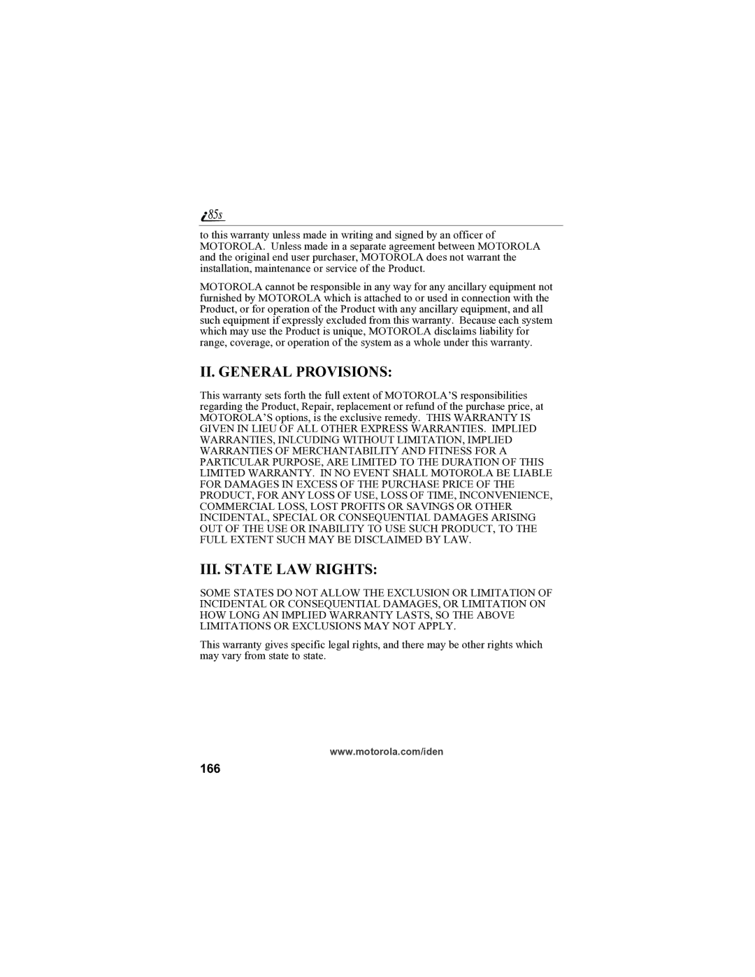 Motorola i85s manual II. General Provisions, 166 