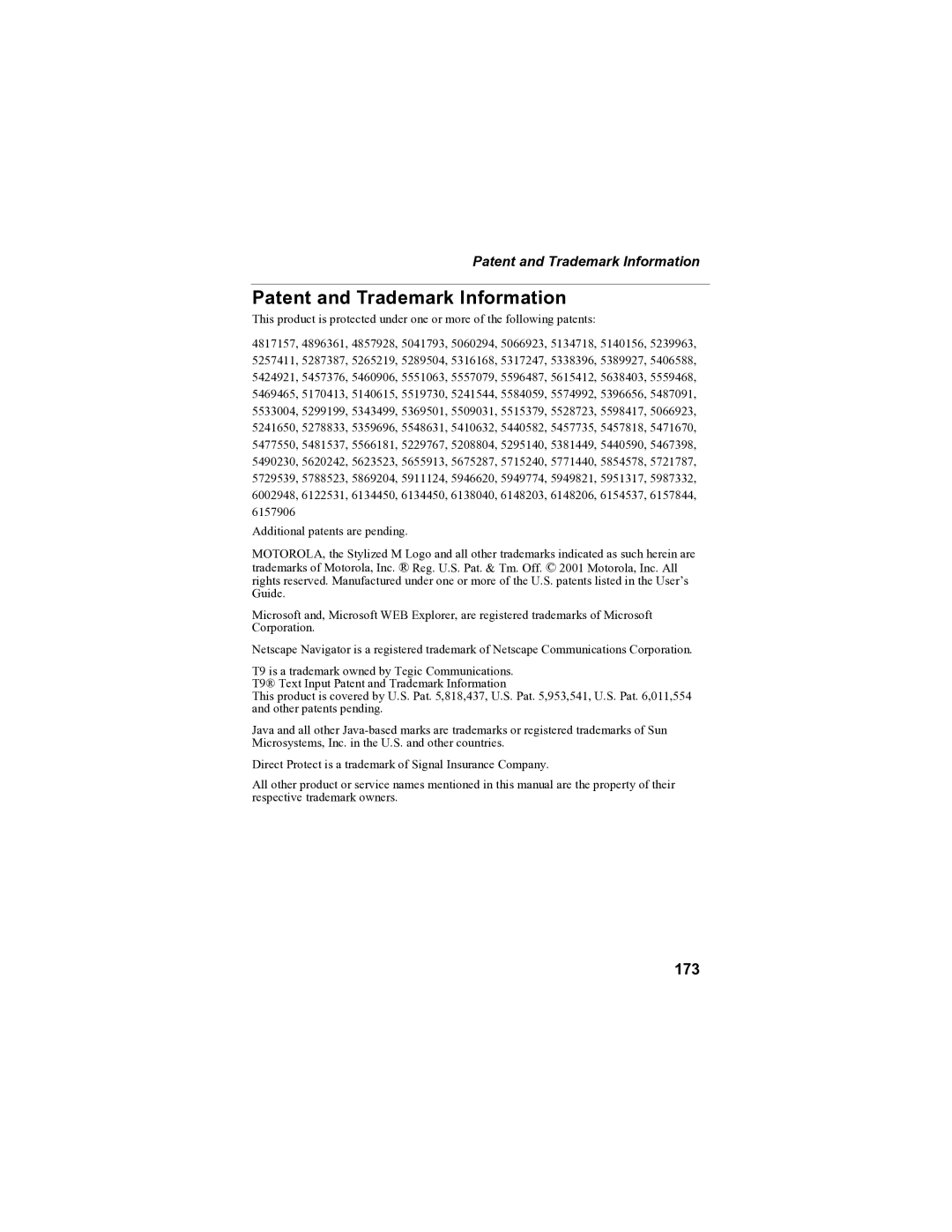 Motorola i85s manual Patent and Trademark Information, 173 