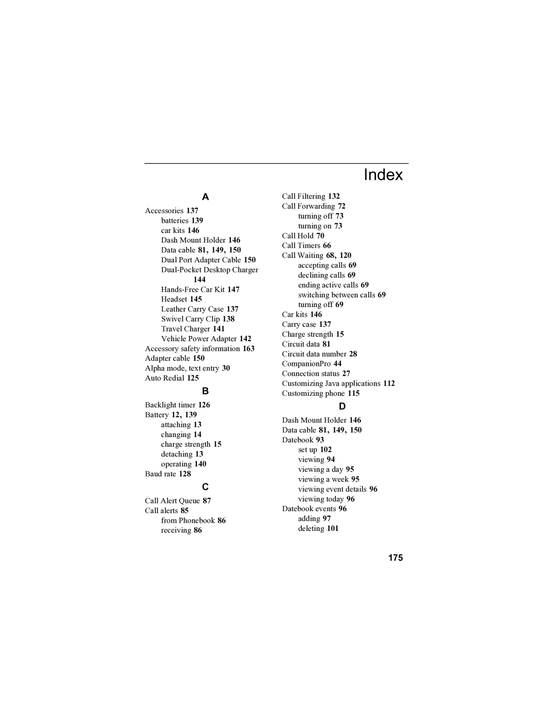 Motorola i85s manual Index, 175, Hands-Free Car Kit 147 Headset 