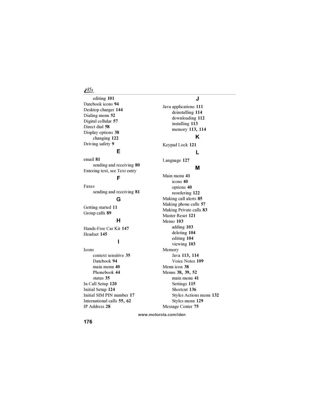 Motorola i85s manual 176, Java 113 