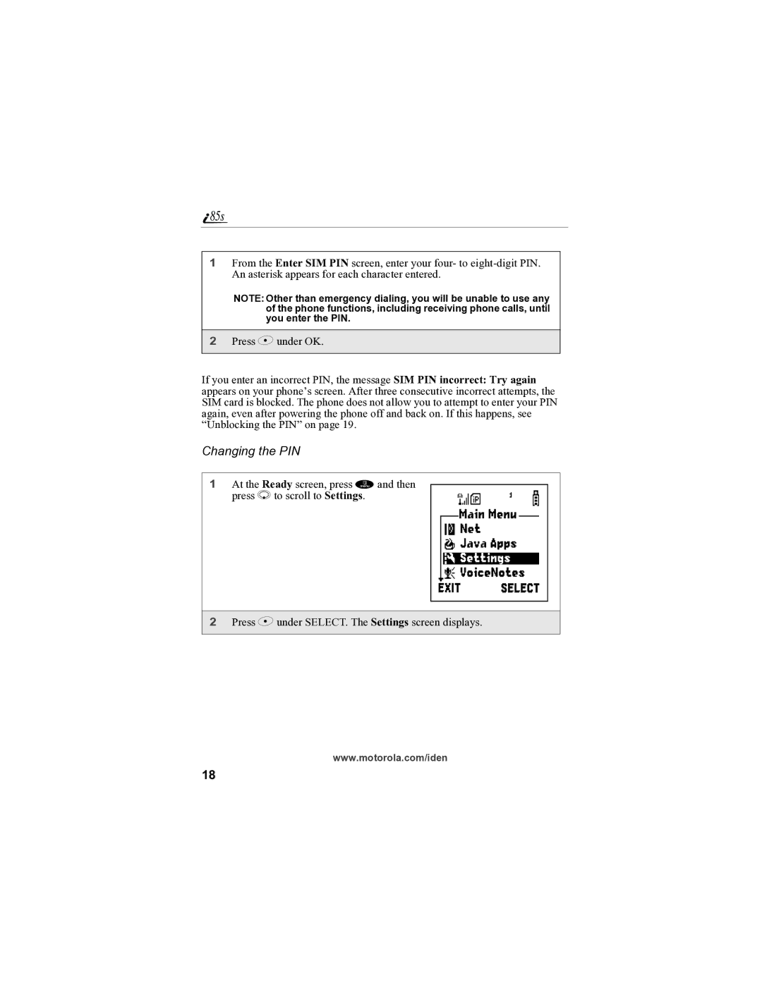 Motorola i85s manual Changing the PIN 