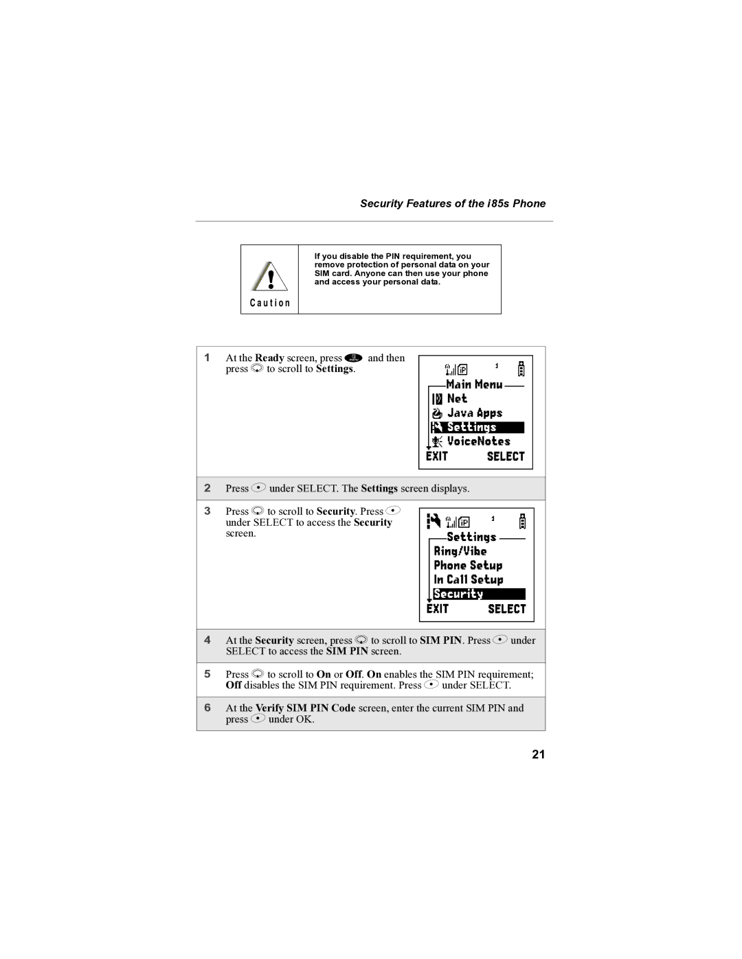 Motorola manual Security Features of the i85s Phone 