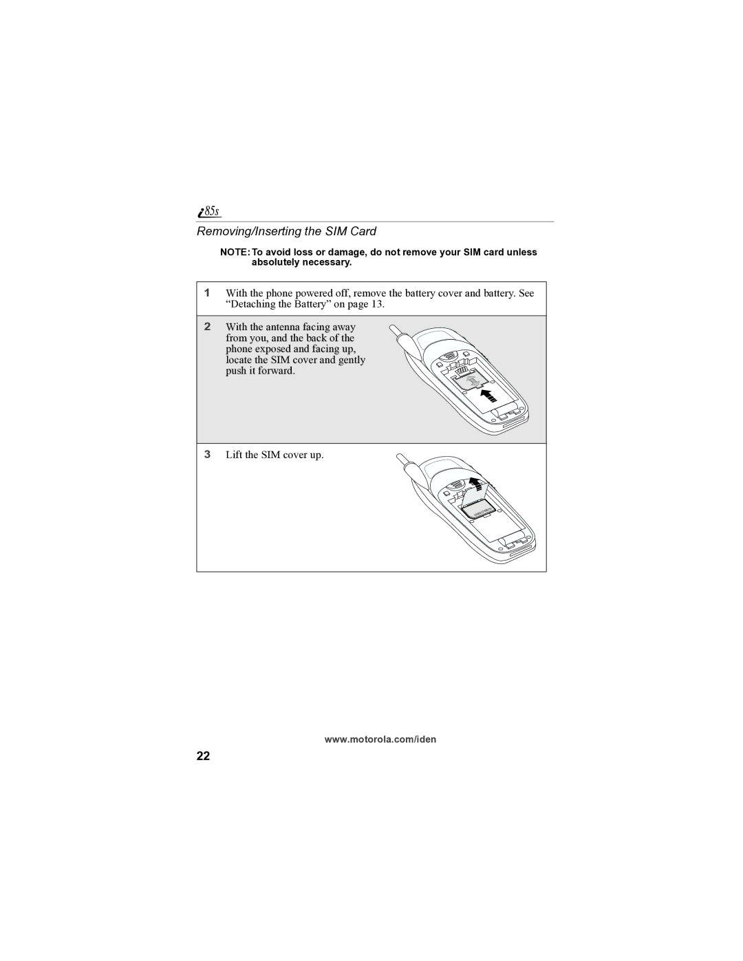 Motorola i85s manual Removing/Inserting the SIM Card 