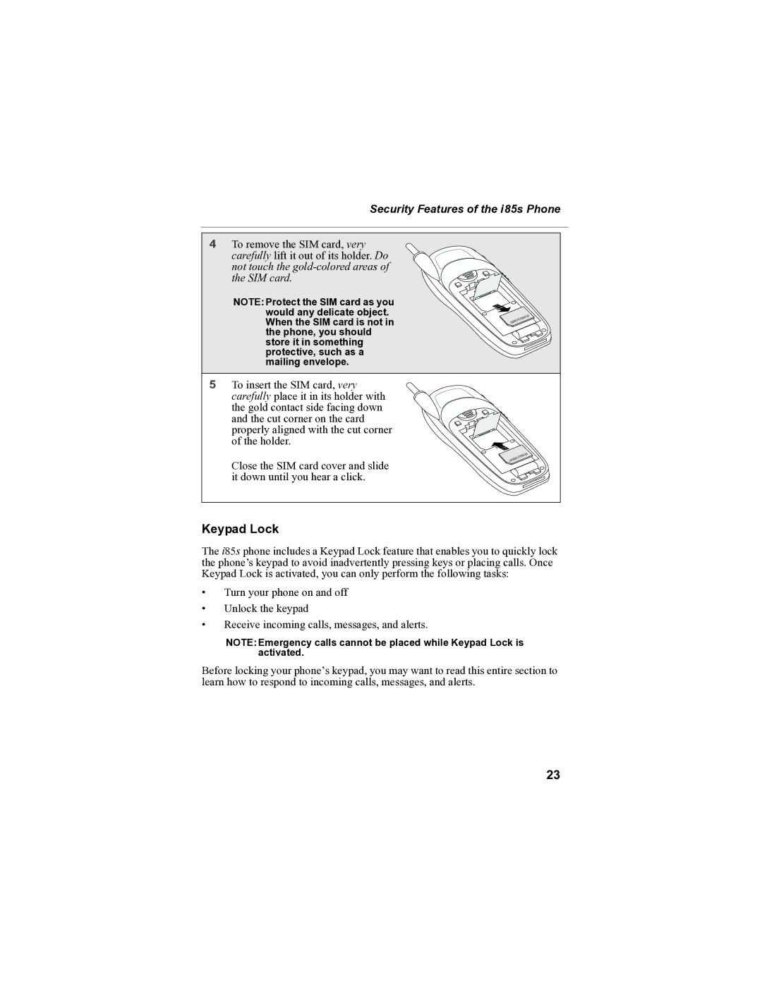 Motorola i85s manual Keypad Lock 