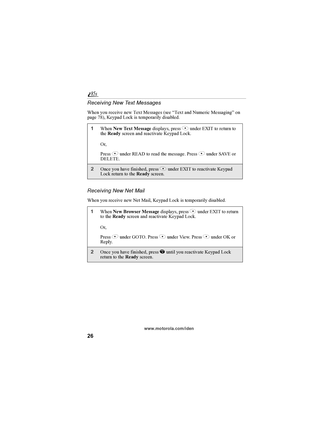 Motorola i85s manual Receiving New Text Messages, Receiving New Net Mail 