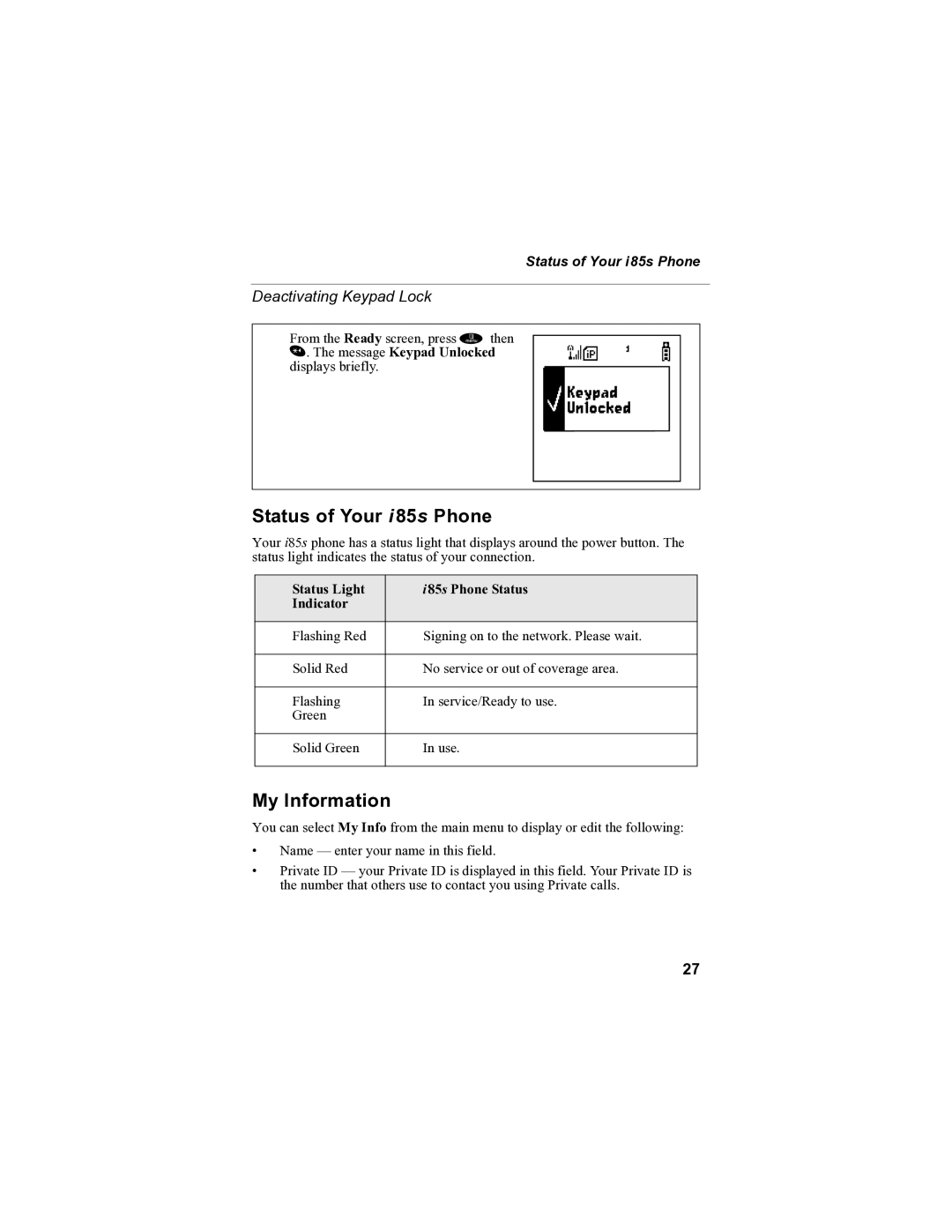 Motorola manual Status of Your i 85s Phone, My Information, Deactivating Keypad Lock, Status of Your i85s Phone 