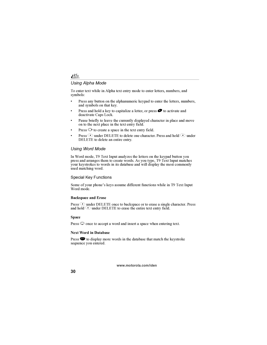 Motorola i85s manual Using Alpha Mode, Using Word Mode, Backspace and Erase, Space, Next Word in Database 