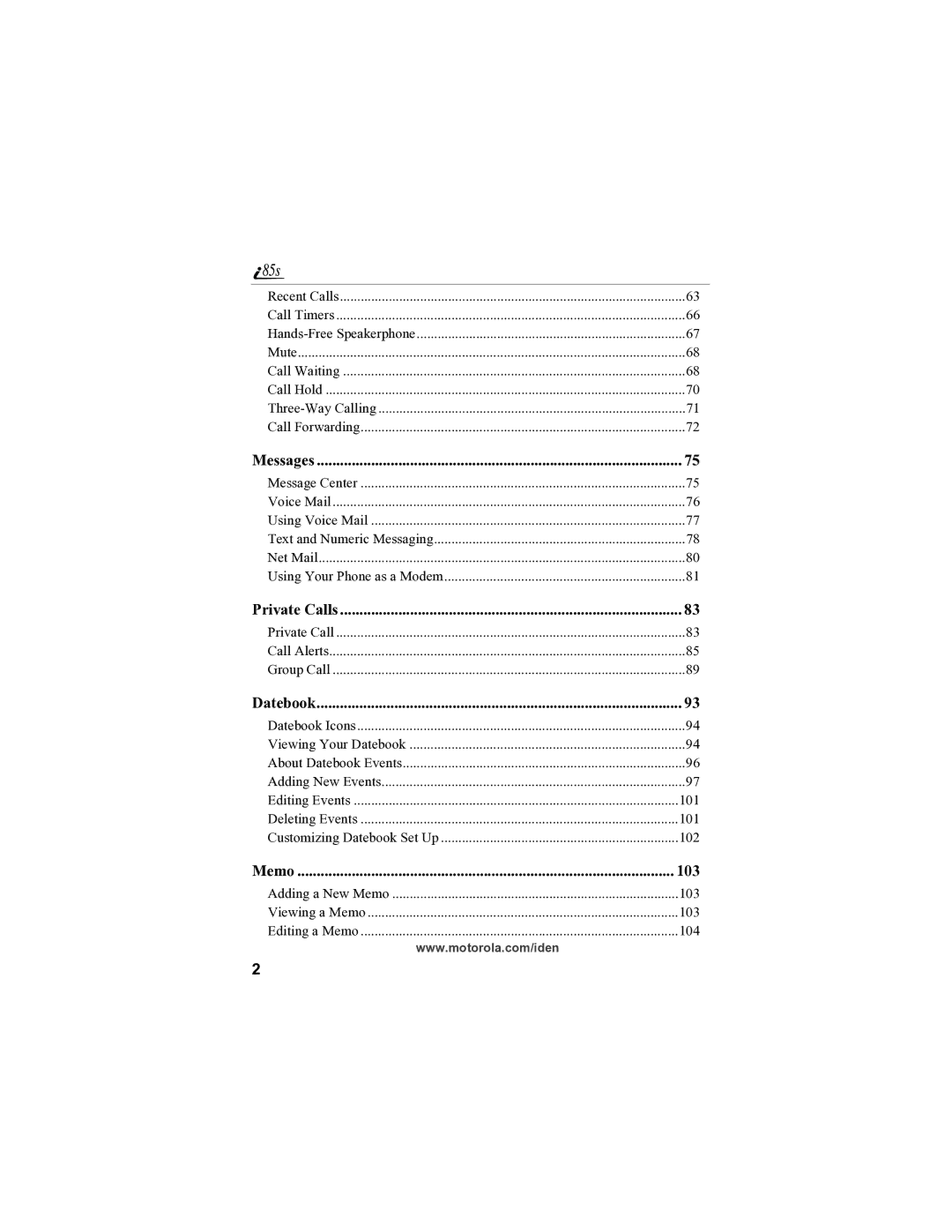 Motorola i85s manual Messages, 103 