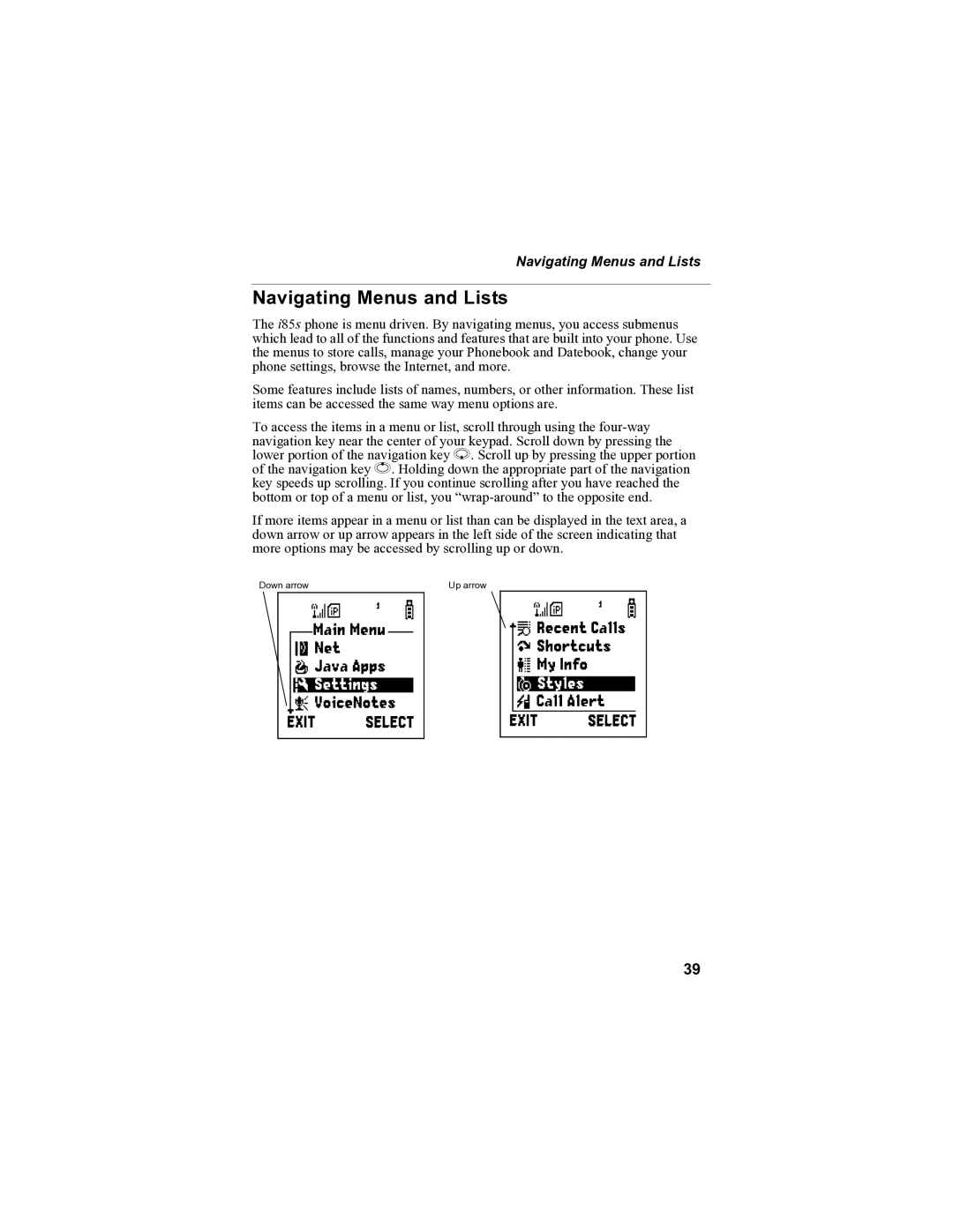 Motorola i85s manual Navigating Menus and Lists 