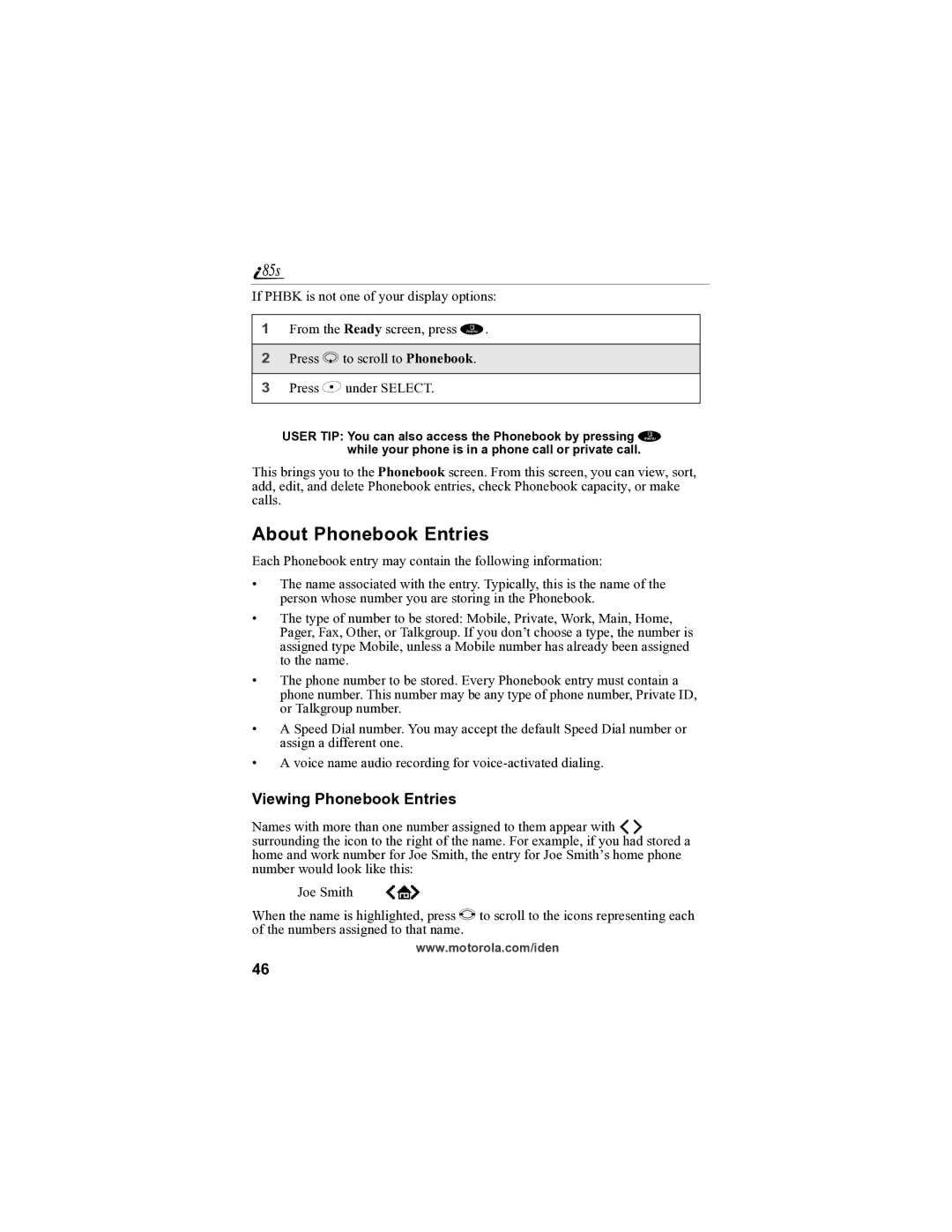 Motorola i85s manual About Phonebook Entries, Viewing Phonebook Entries 