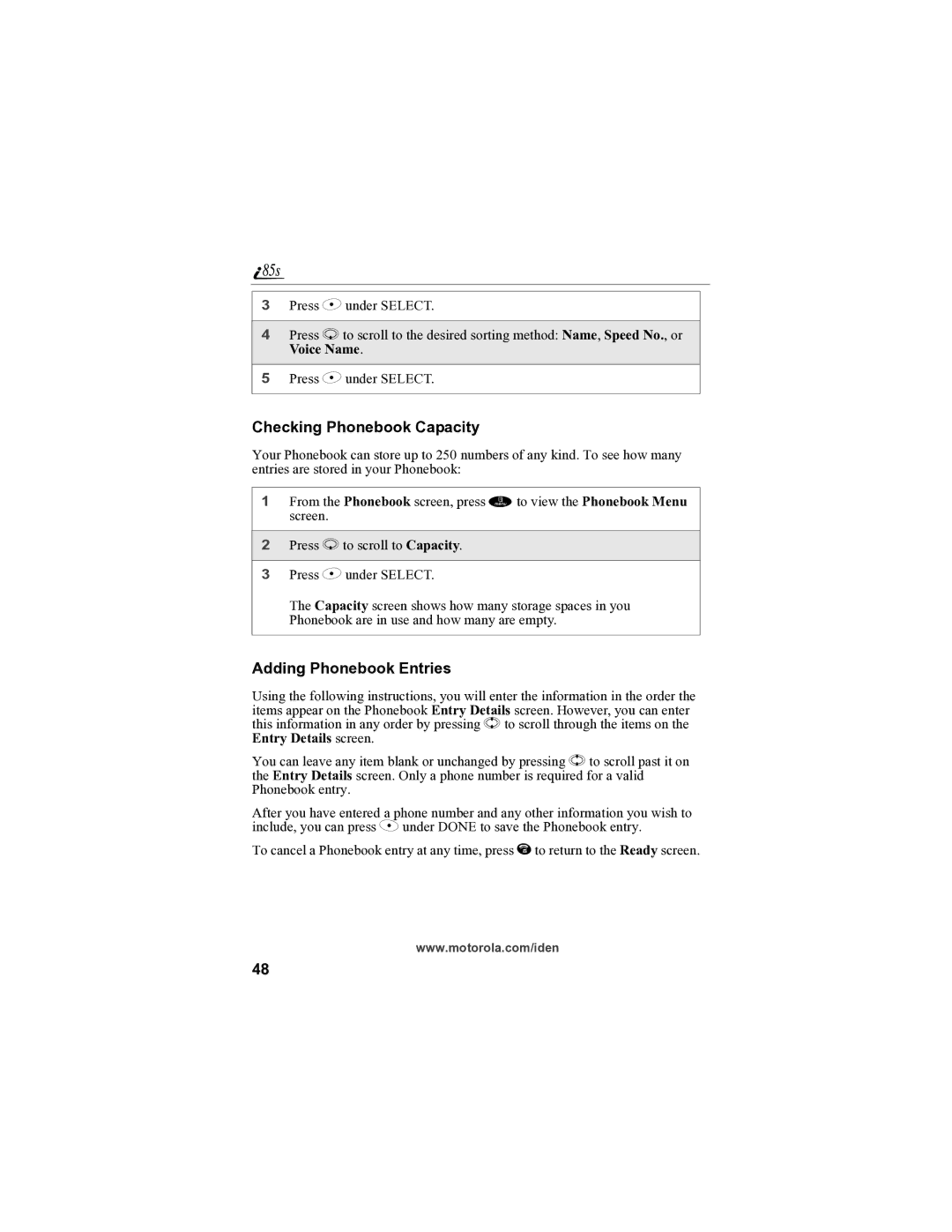 Motorola i85s manual Checking Phonebook Capacity, Adding Phonebook Entries 