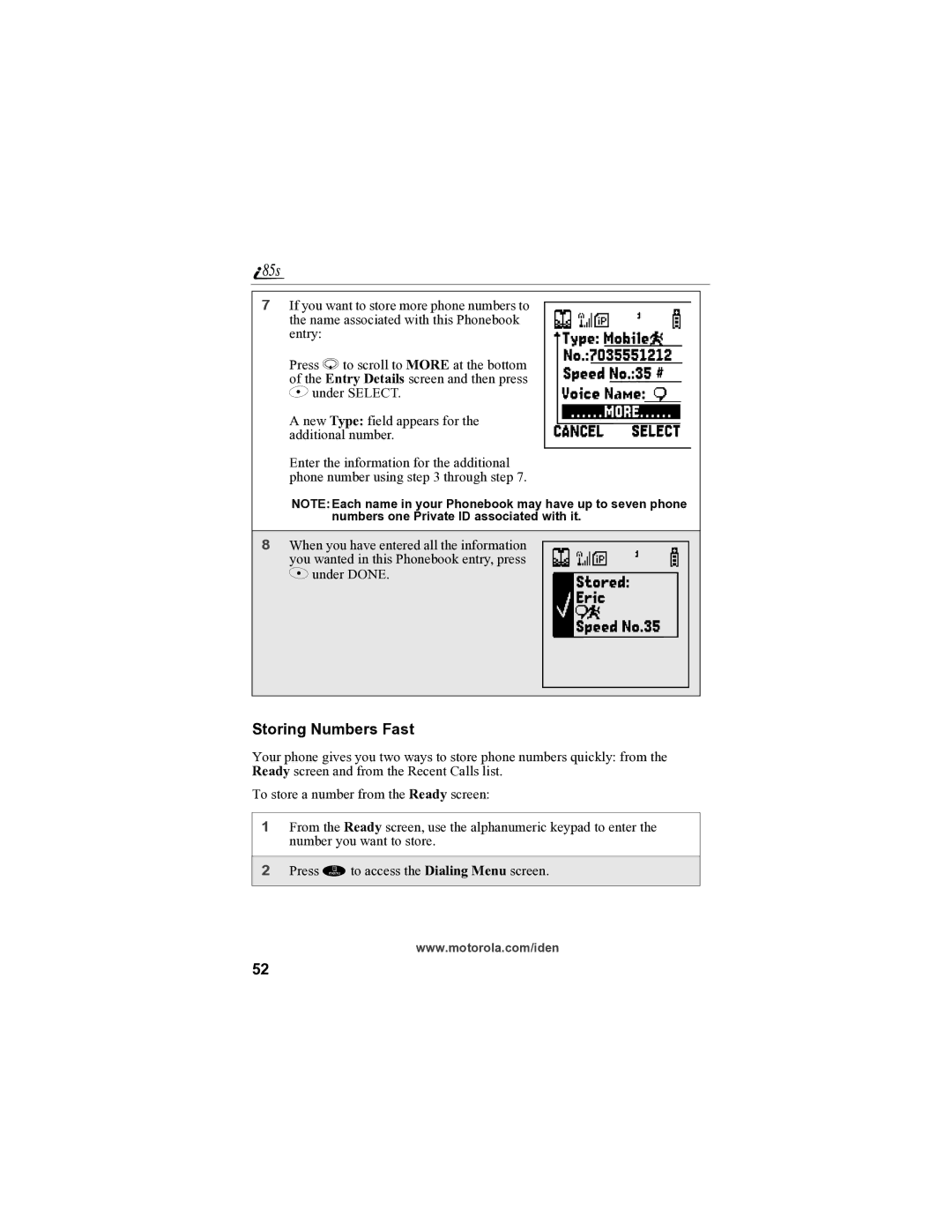 Motorola i85s manual Storing Numbers Fast 