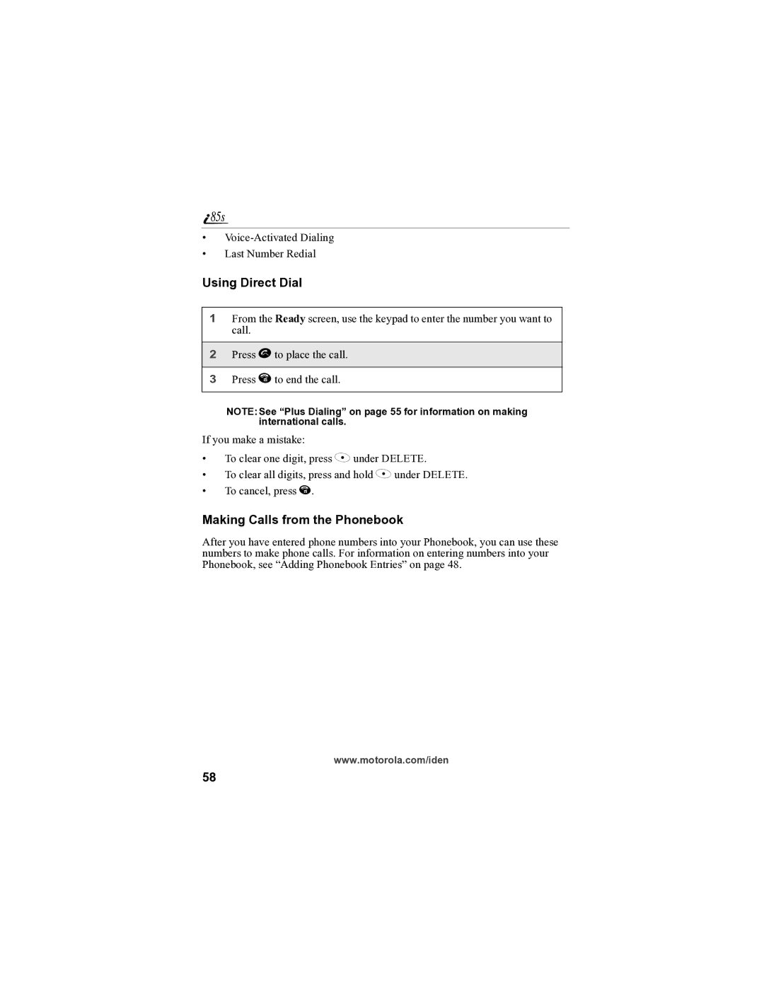 Motorola i85s manual Using Direct Dial, Making Calls from the Phonebook 