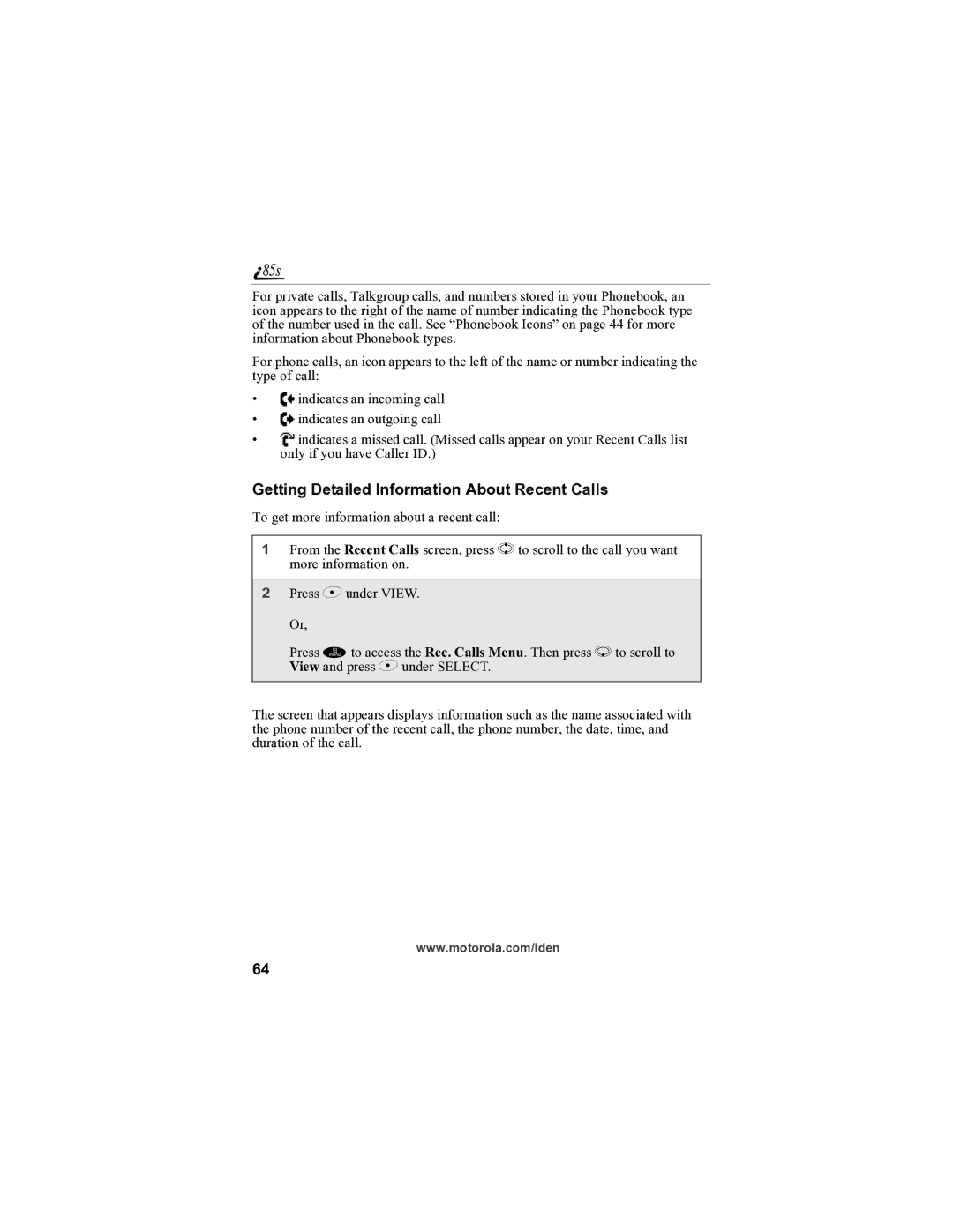 Motorola i85s manual Getting Detailed Information About Recent Calls 