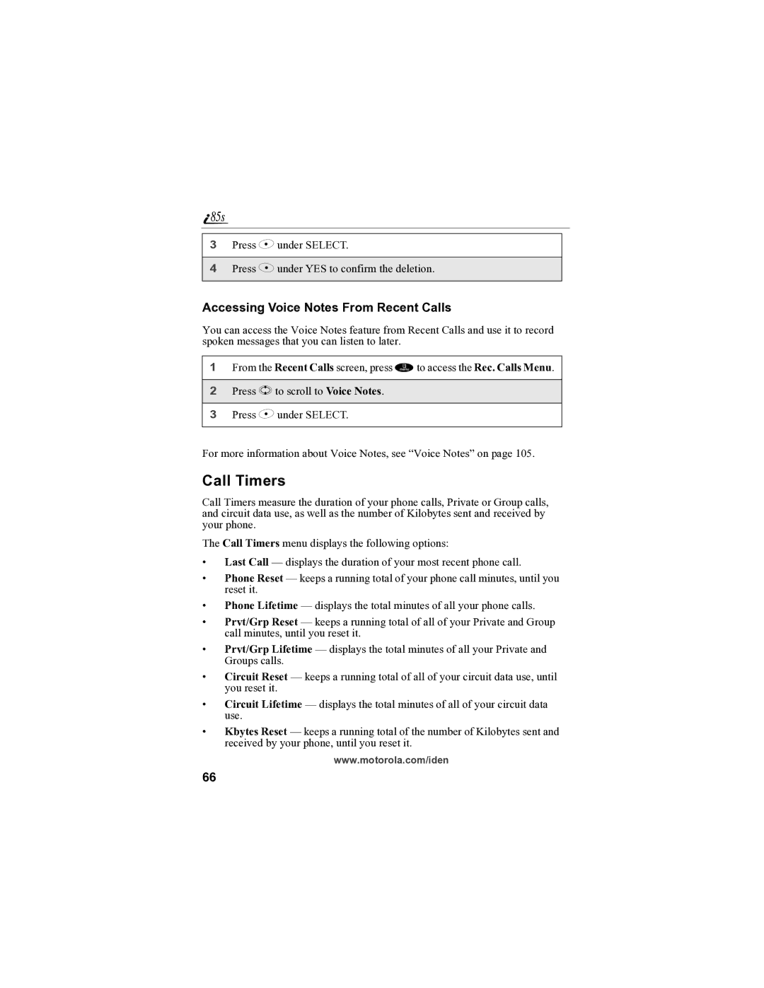 Motorola i85s manual Call Timers, Accessing Voice Notes From Recent Calls 