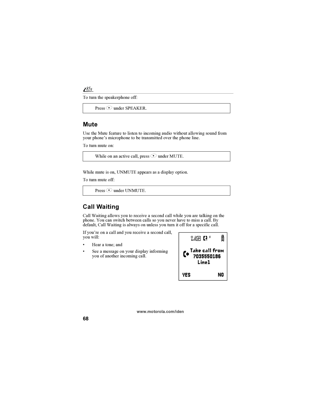 Motorola i85s manual Mute, Call Waiting 