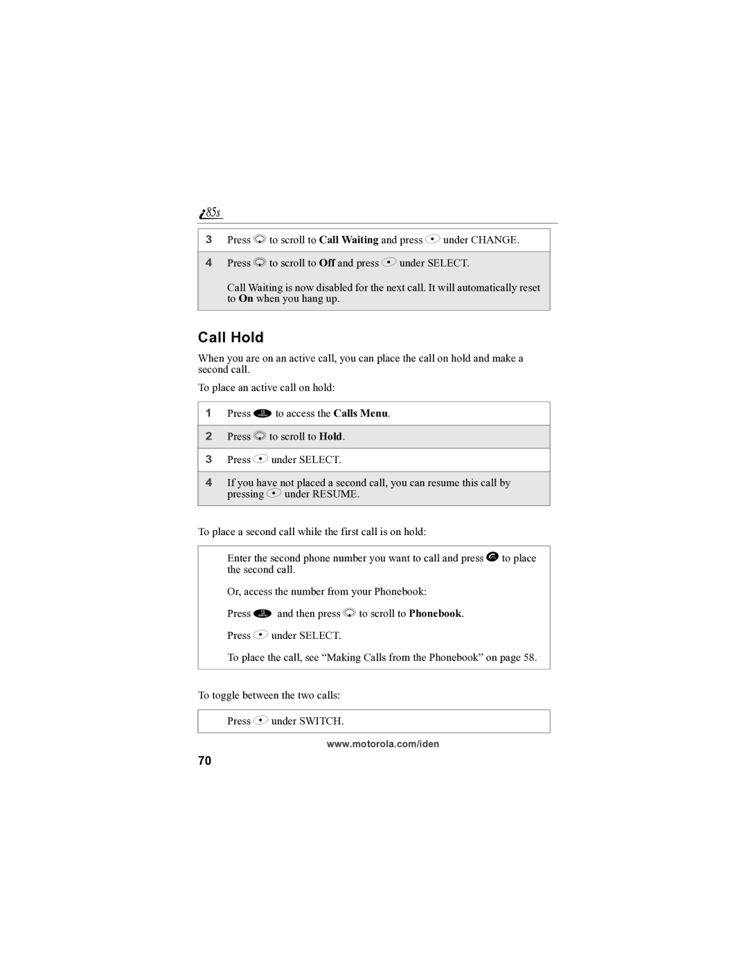 Motorola i85s manual Call Hold 